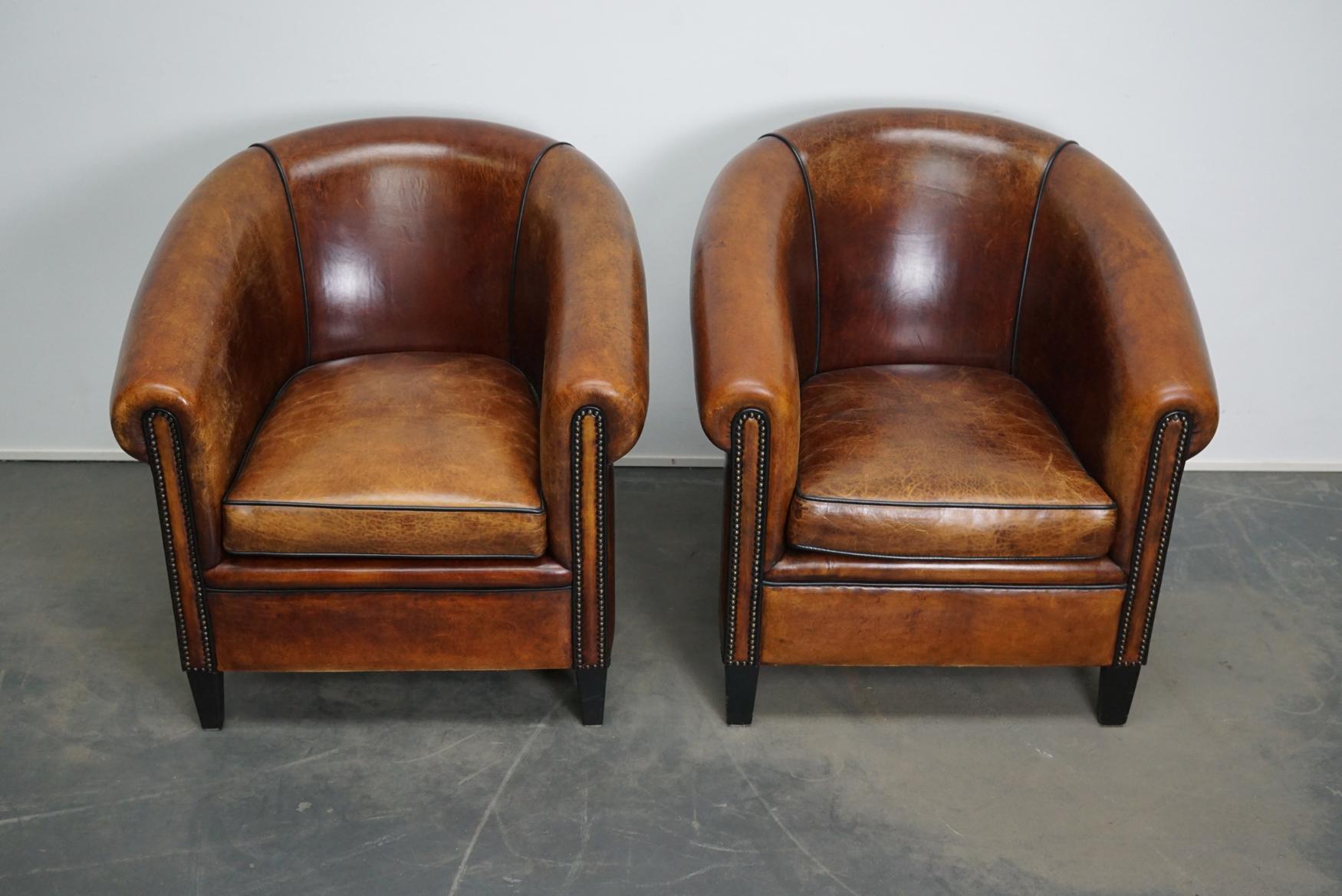 Late 20th Century Vintage Dutch Cognac Leather Club Chairs, Set of 2 with Hocker