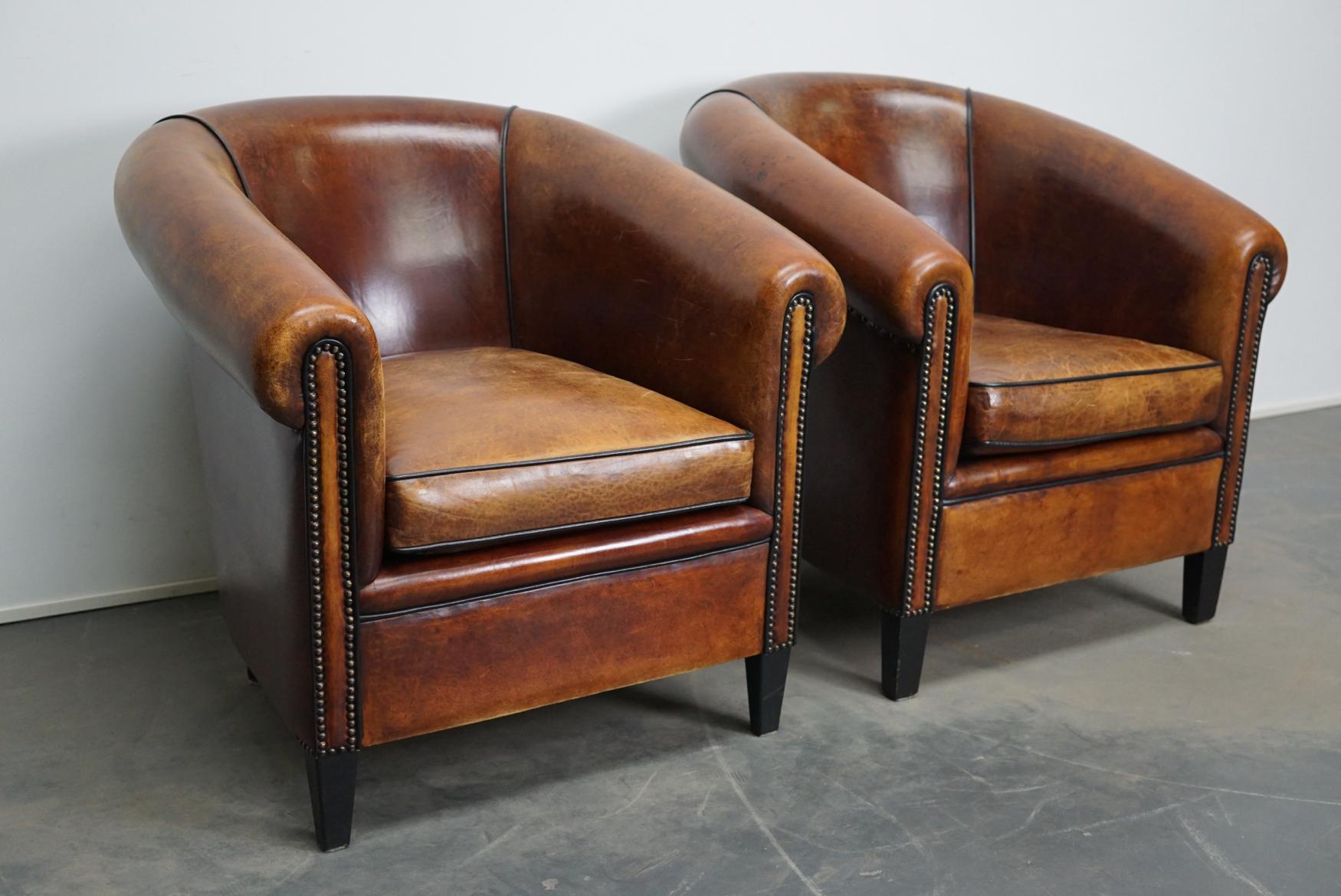 Vintage Dutch Cognac Leather Club Chairs, Set of 2 with Hocker 1
