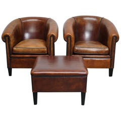 Vintage Dutch Cognac Leather Club Chairs, Set of 2 with Hocker