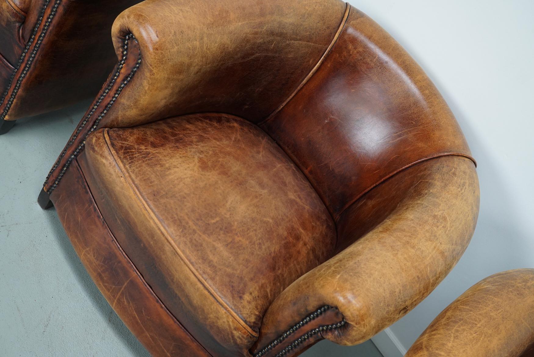 Vintage Dutch Cognac Leather Club Chairs, Set of Three For Sale 7