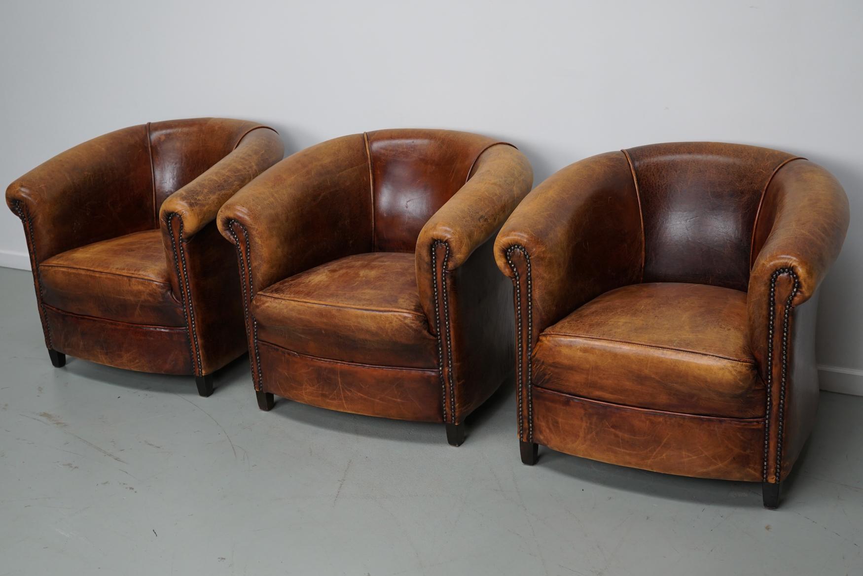 Vintage Dutch Cognac Leather Club Chairs, Set of Three For Sale 11
