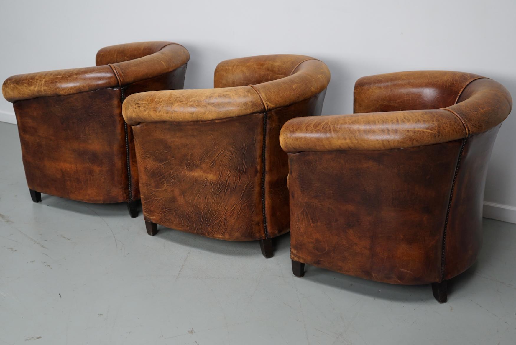 Industrial Vintage Dutch Cognac Leather Club Chairs, Set of Three For Sale