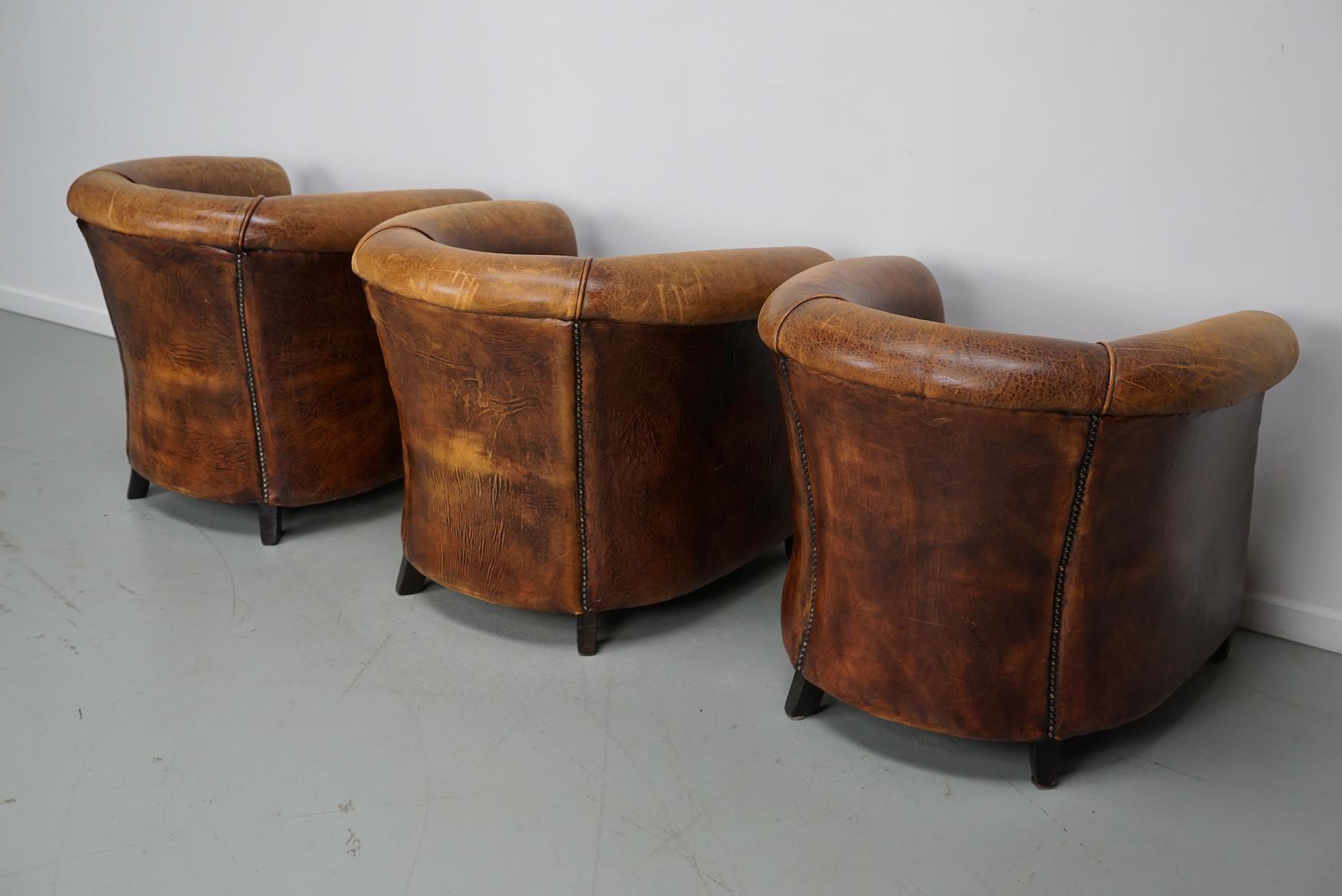 Late 20th Century Vintage Dutch Cognac Leather Club Chairs, Set of Three For Sale