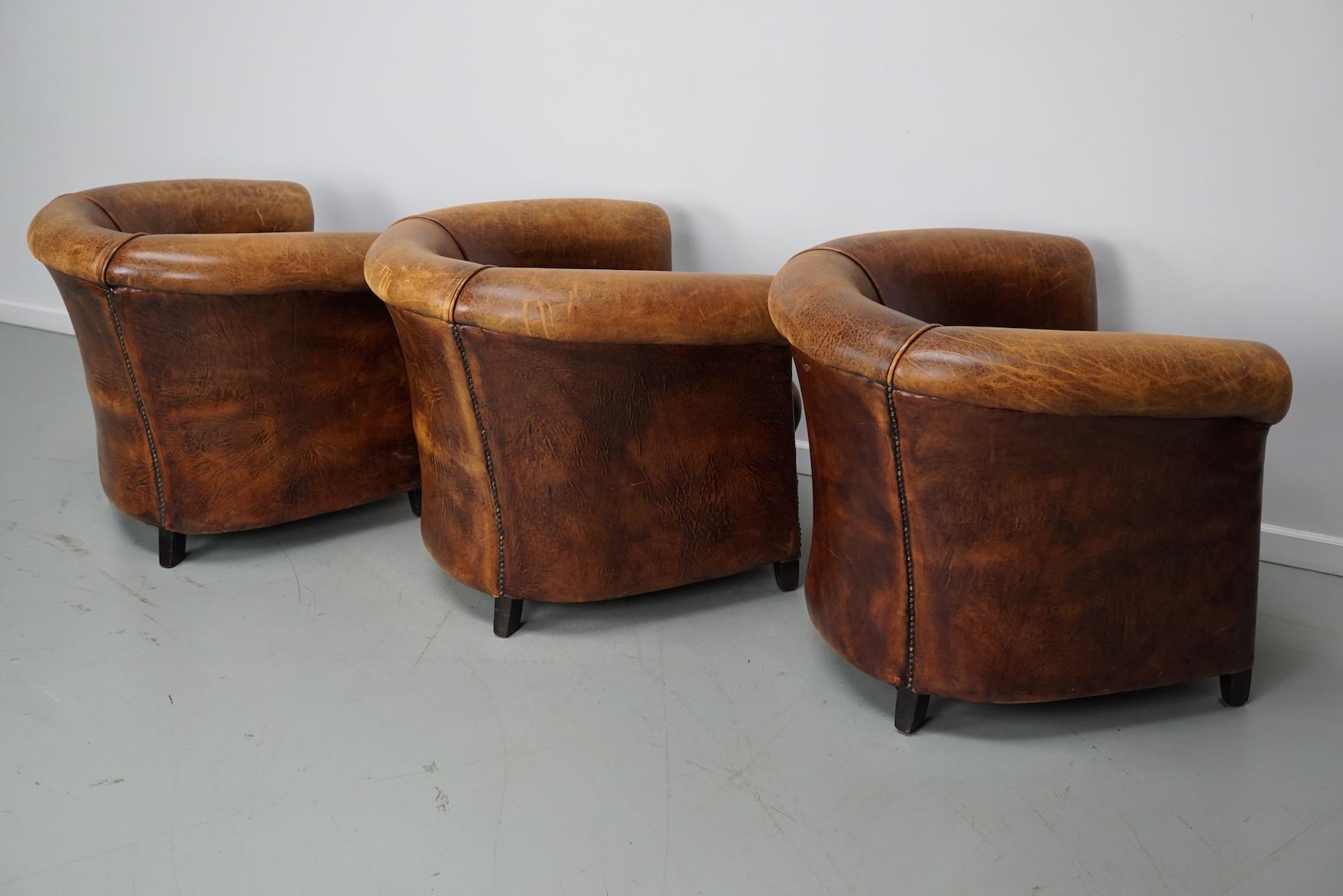 Vintage Dutch Cognac Leather Club Chairs, Set of Three For Sale 1