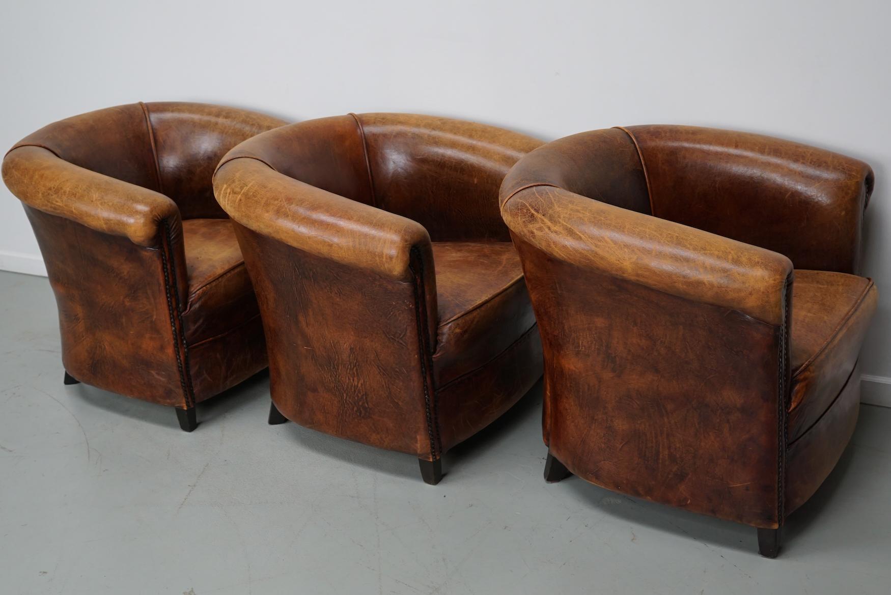 Vintage Dutch Cognac Leather Club Chairs, Set of Three For Sale 2