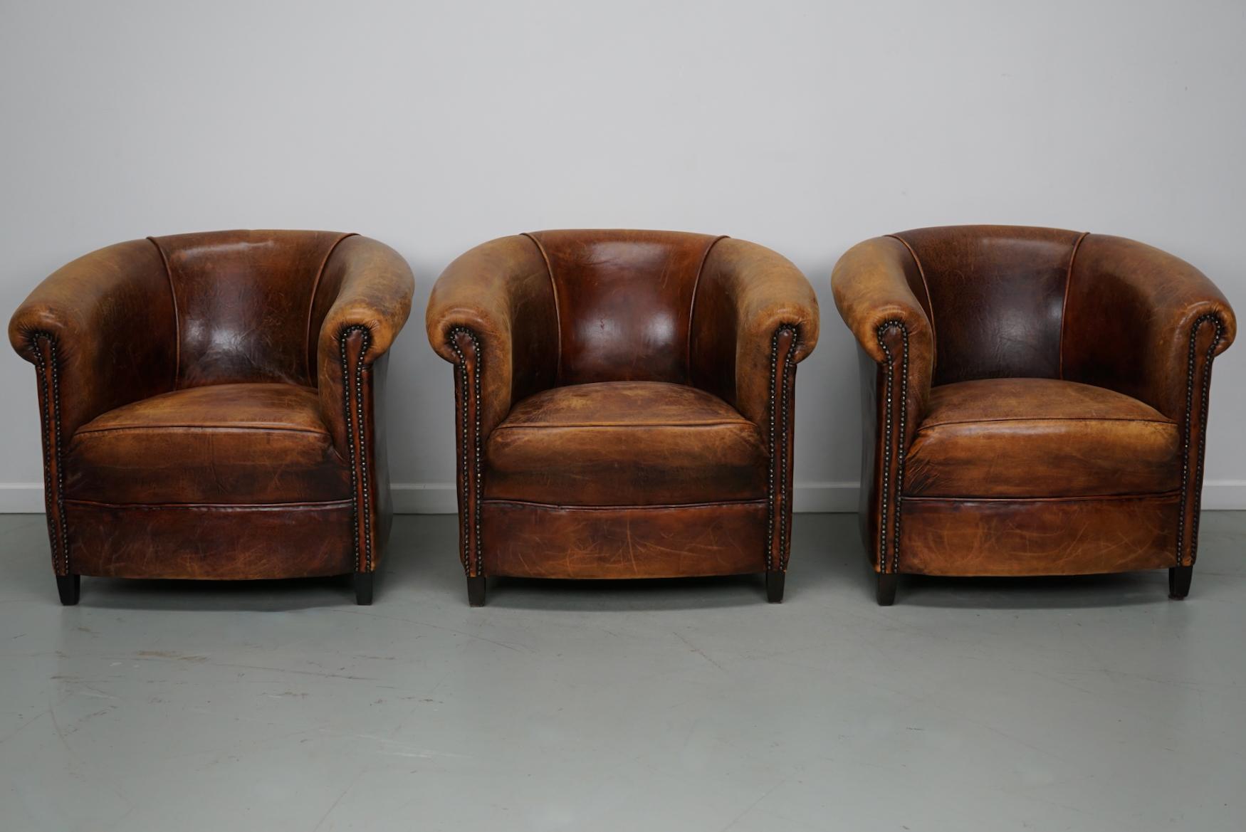 Vintage Dutch Cognac Leather Club Chairs, Set of Three For Sale 3