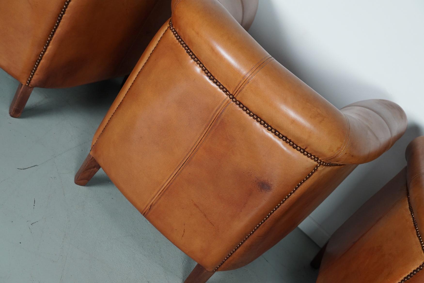  Vintage Dutch Cognac Leather Club Chairs, Set of Three with Two Footstools For Sale 7