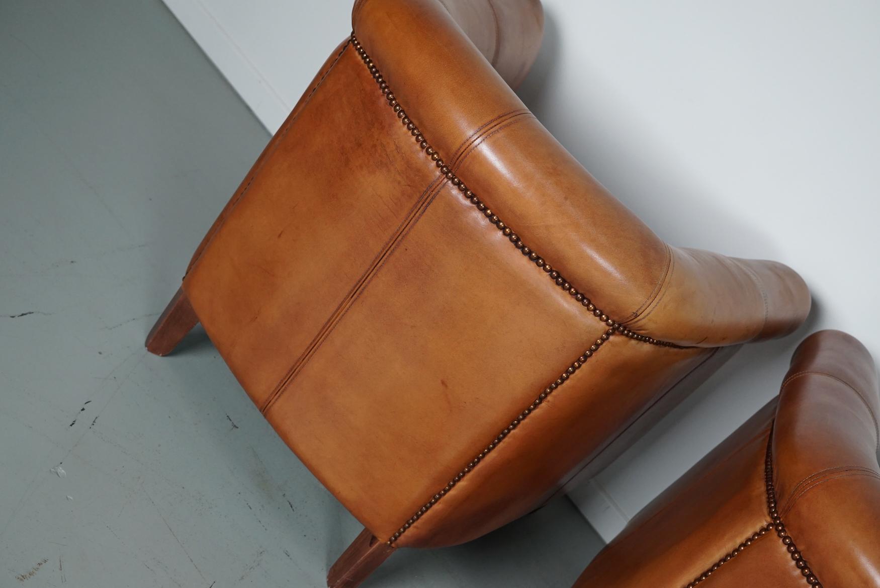  Vintage Dutch Cognac Leather Club Chairs, Set of Three with Two Footstools For Sale 8