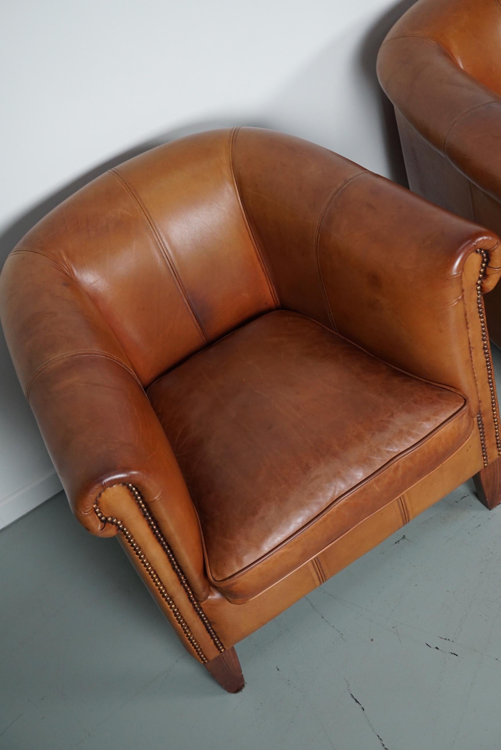  Vintage Dutch Cognac Leather Club Chairs, Set of Three with Two Footstools In Good Condition For Sale In Nijmegen, NL