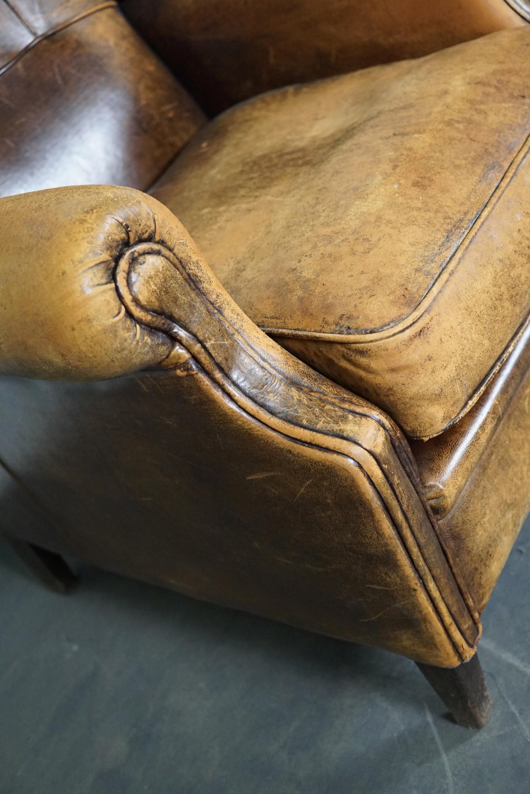 Industrial Vintage Dutch Cognac Leather Wingback Club Chair