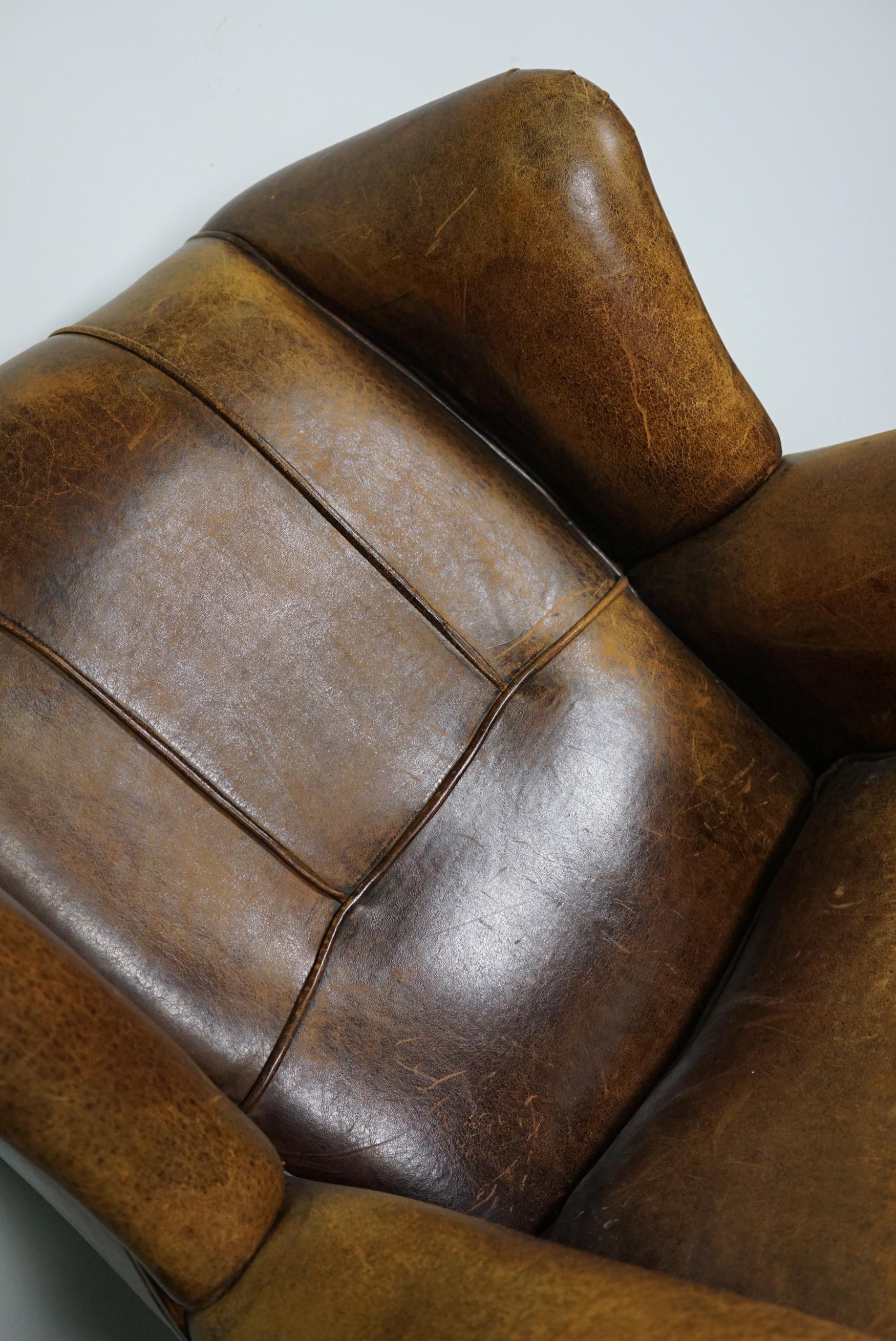 Vintage Dutch Cognac Leather Wingback Club Chair In Good Condition In Nijmegen, NL
