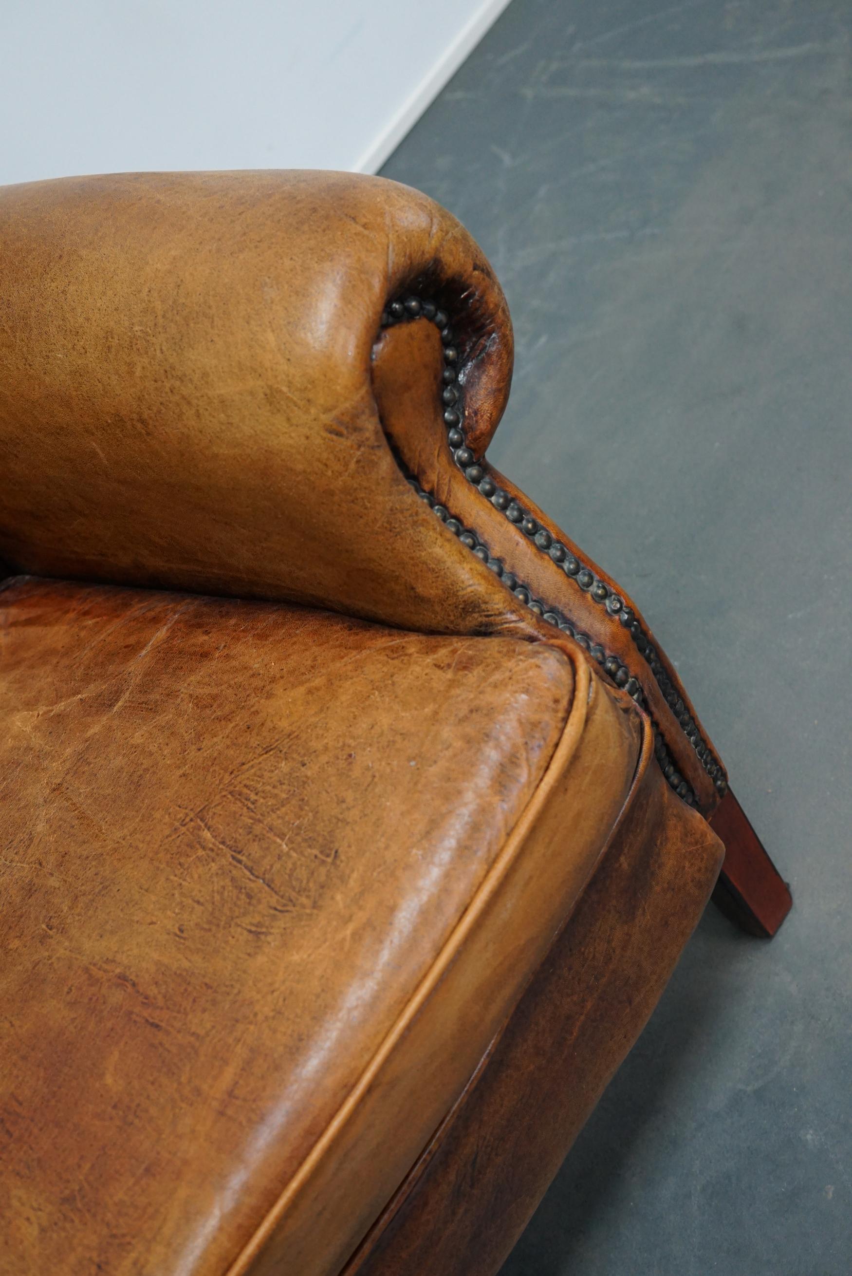 Industrial Vintage Dutch Cognac Leather Wingback Club Chair
