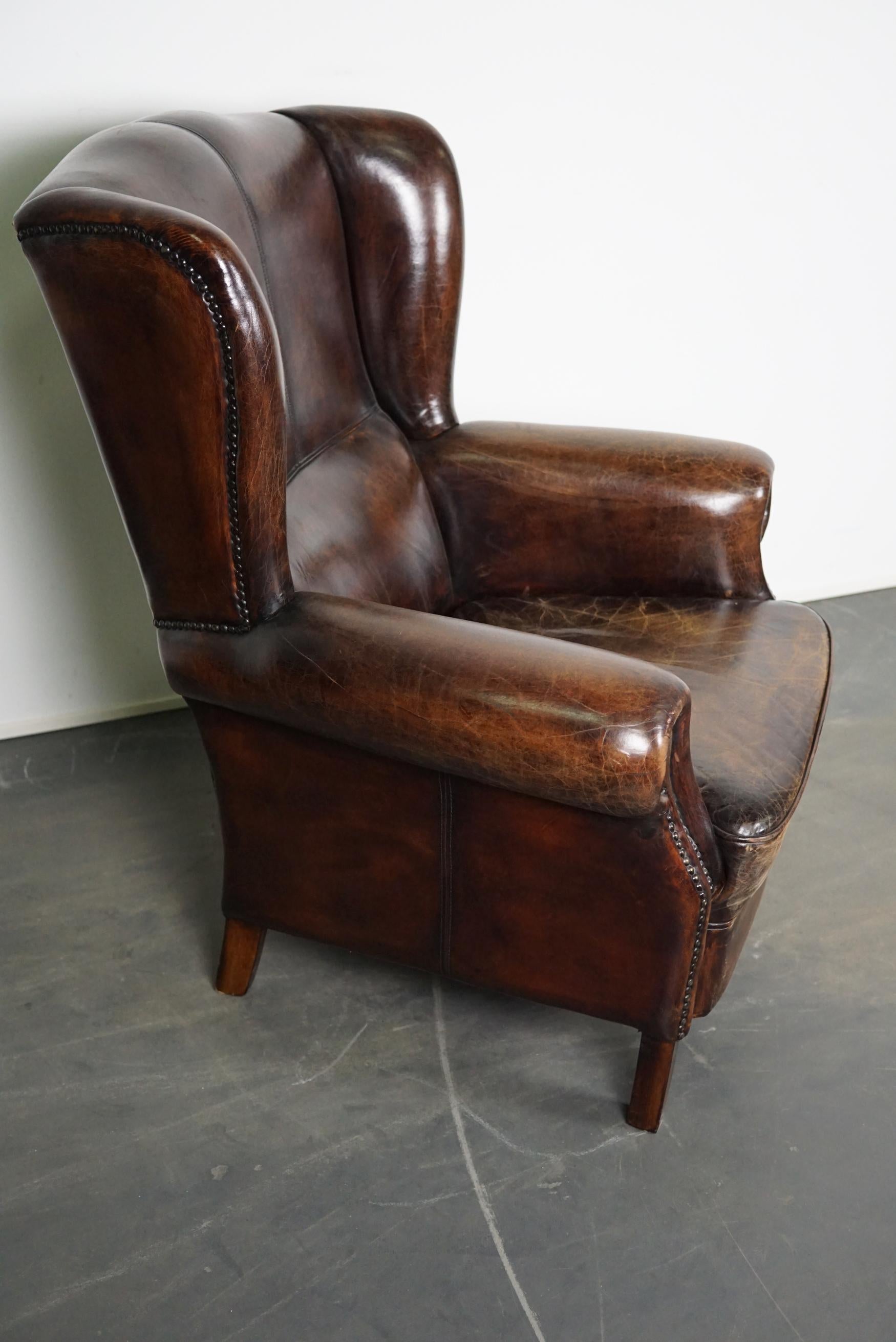 Vintage Dutch Cognac Leather Wingback Club Chair 1