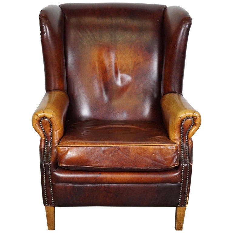 Vintage Dutch Cognac Leather Wingback Club Chair at 1stDibs