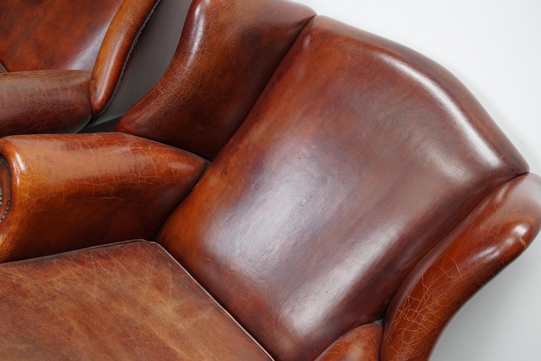 Vintage Dutch Cognac Leather Wingback Club Chairs, Set of 2 5
