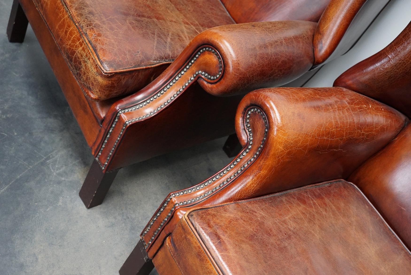 Vintage Dutch Cognac Leather Wingback Club Chairs, Set of 2 7