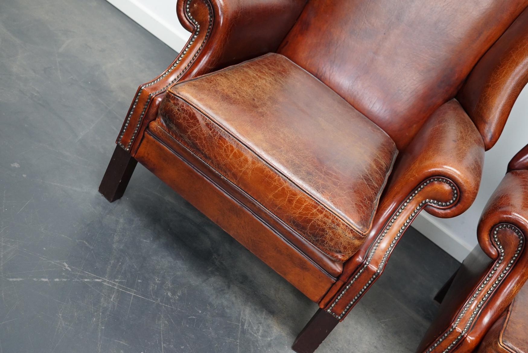 Vintage Dutch Cognac Leather Wingback Club Chairs, Set of 2 9