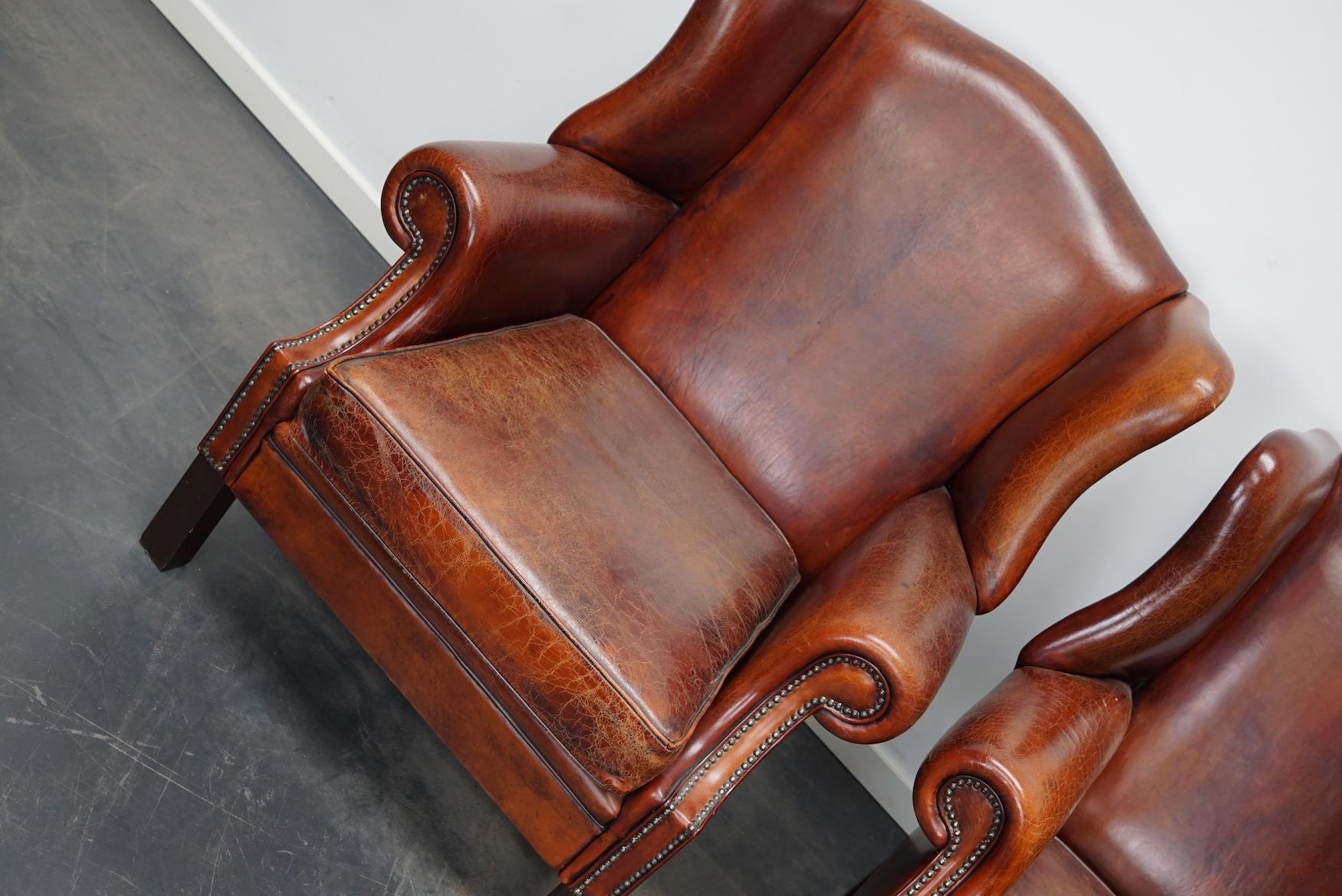 Vintage Dutch Cognac Leather Wingback Club Chairs, Set of 2 10