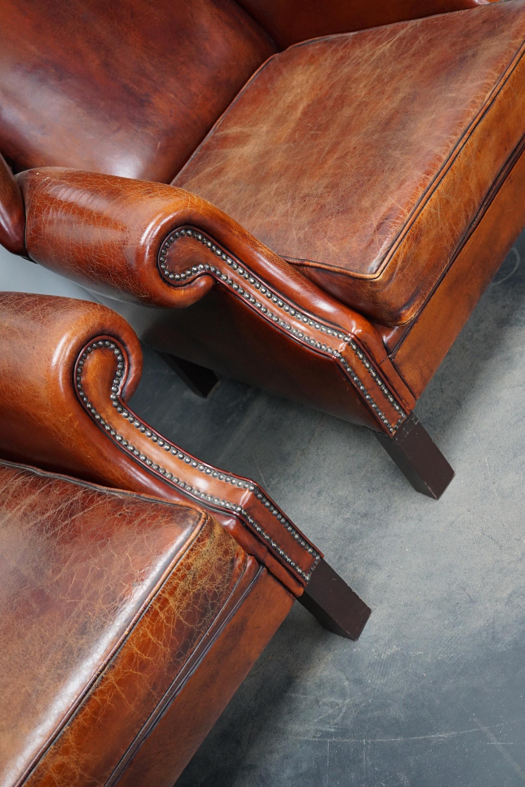 Vintage Dutch Cognac Leather Wingback Club Chairs, Set of 2 11