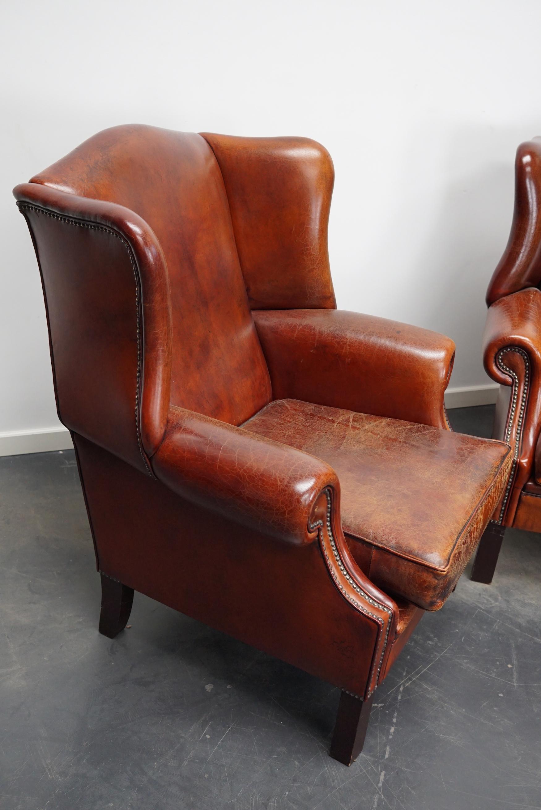 Vintage Dutch Cognac Leather Wingback Club Chairs, Set of 2 12