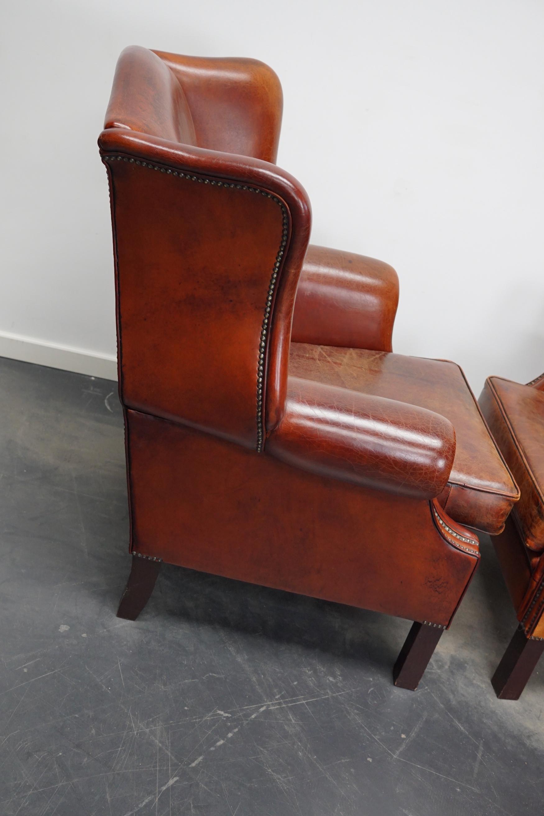 Vintage Dutch Cognac Leather Wingback Club Chairs, Set of 2 13