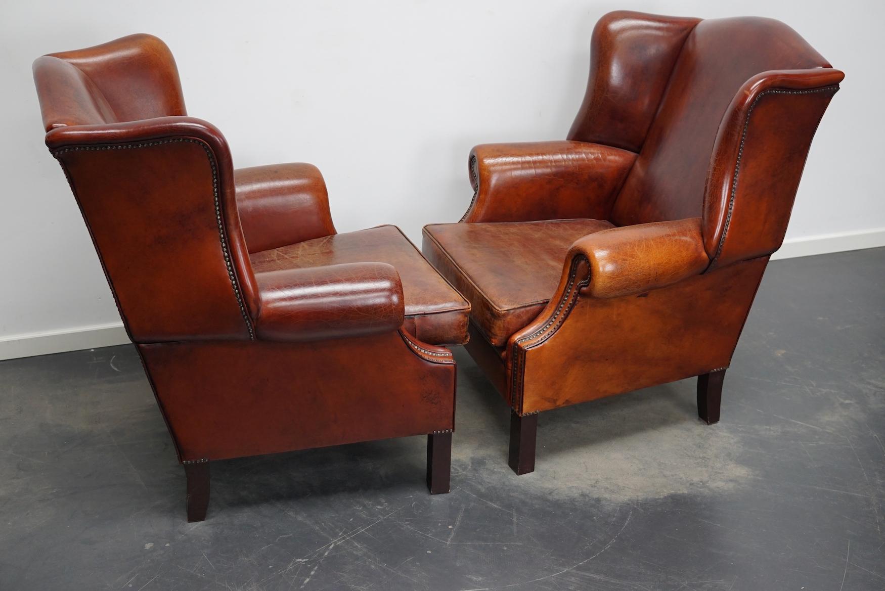 Industrial Vintage Dutch Cognac Leather Wingback Club Chairs, Set of 2