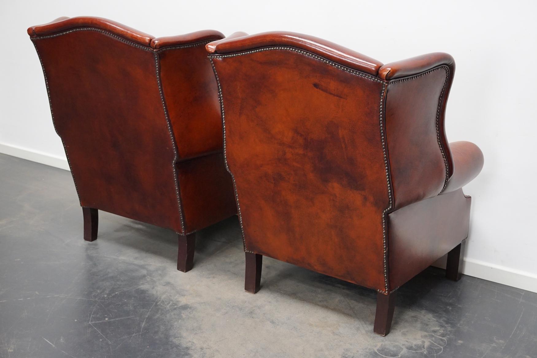 Vintage Dutch Cognac Leather Wingback Club Chairs, Set of 2 In Good Condition In Nijmegen, NL