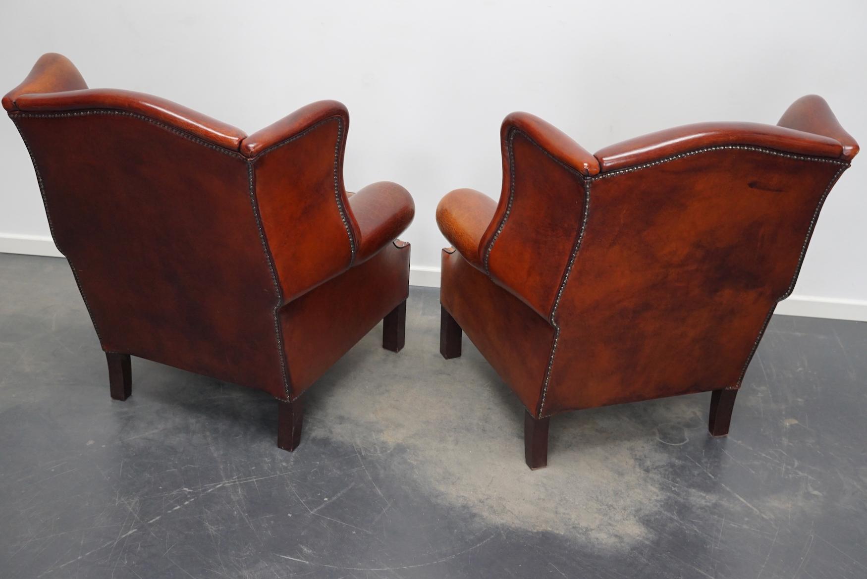 Late 20th Century Vintage Dutch Cognac Leather Wingback Club Chairs, Set of 2