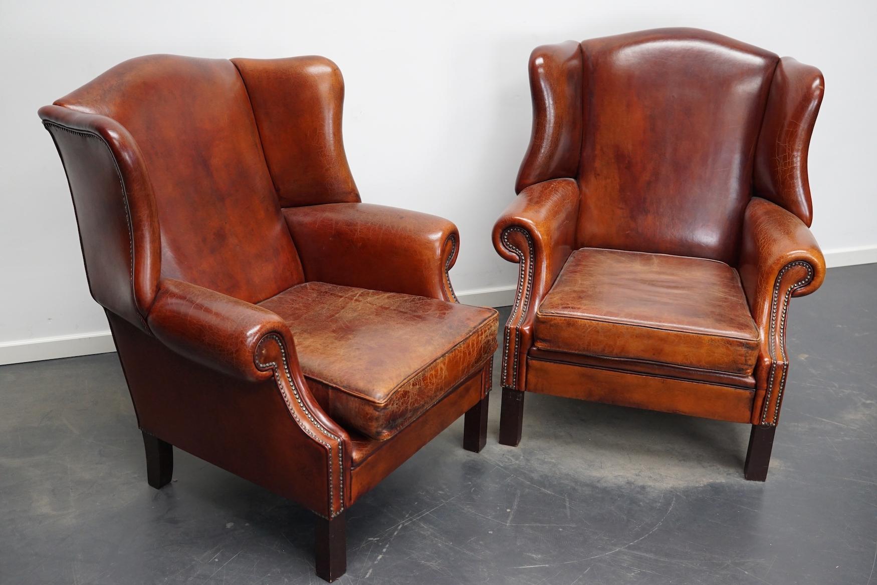 Vintage Dutch Cognac Leather Wingback Club Chairs, Set of 2 1