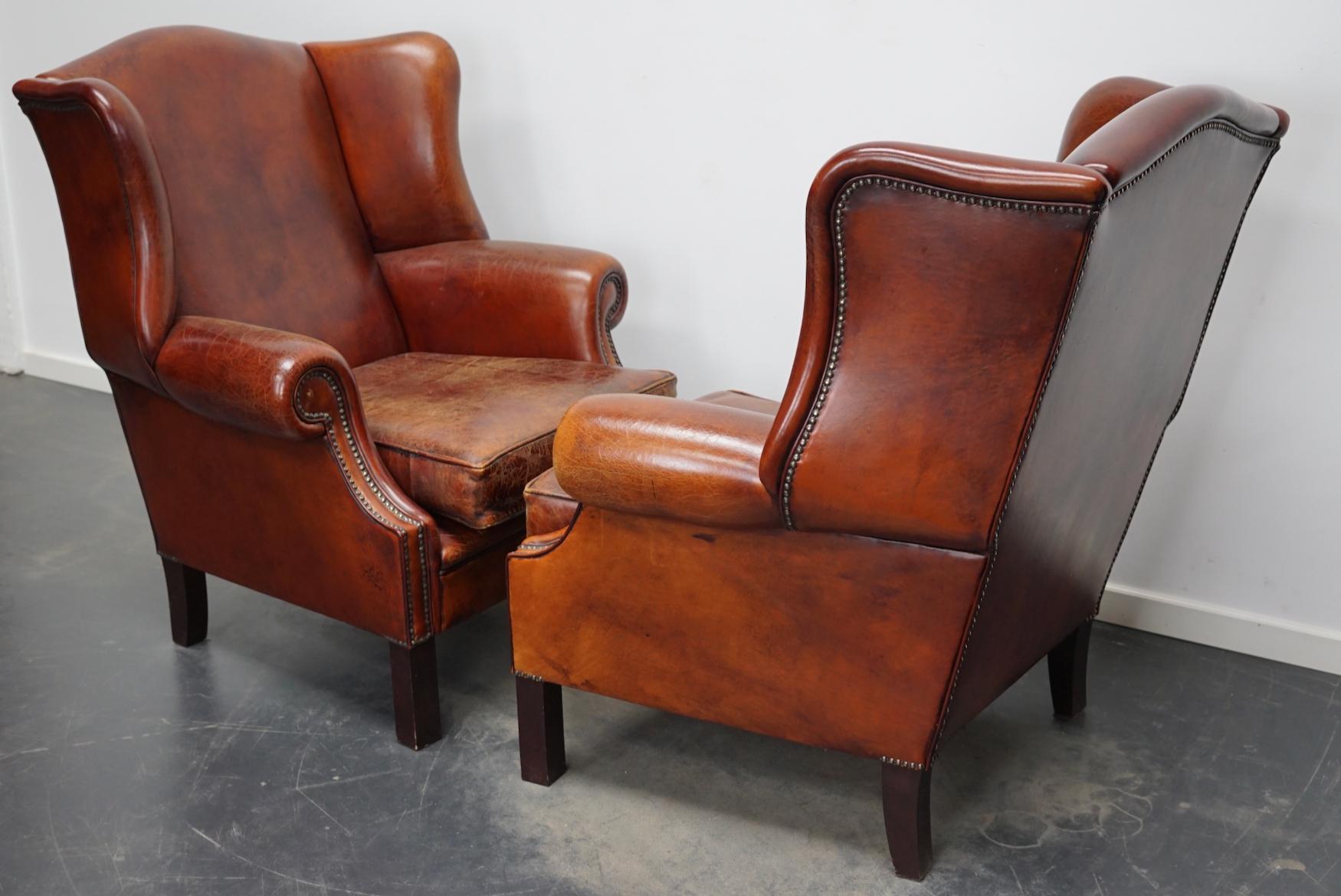 Vintage Dutch Cognac Leather Wingback Club Chairs, Set of 2 2