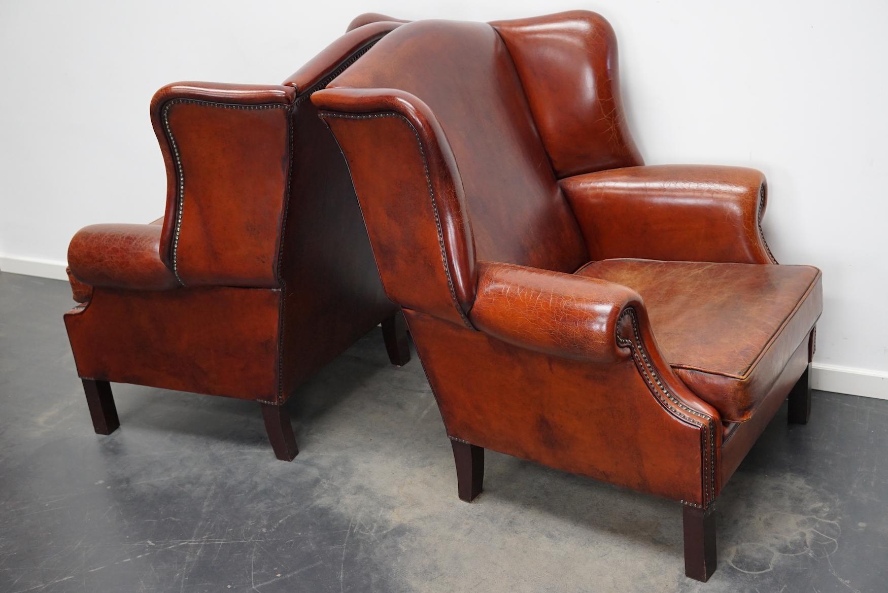 Vintage Dutch Cognac Leather Wingback Club Chairs, Set of 2 3