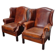 Vintage Dutch Cognac Leather Wingback Club Chairs, Set of 2