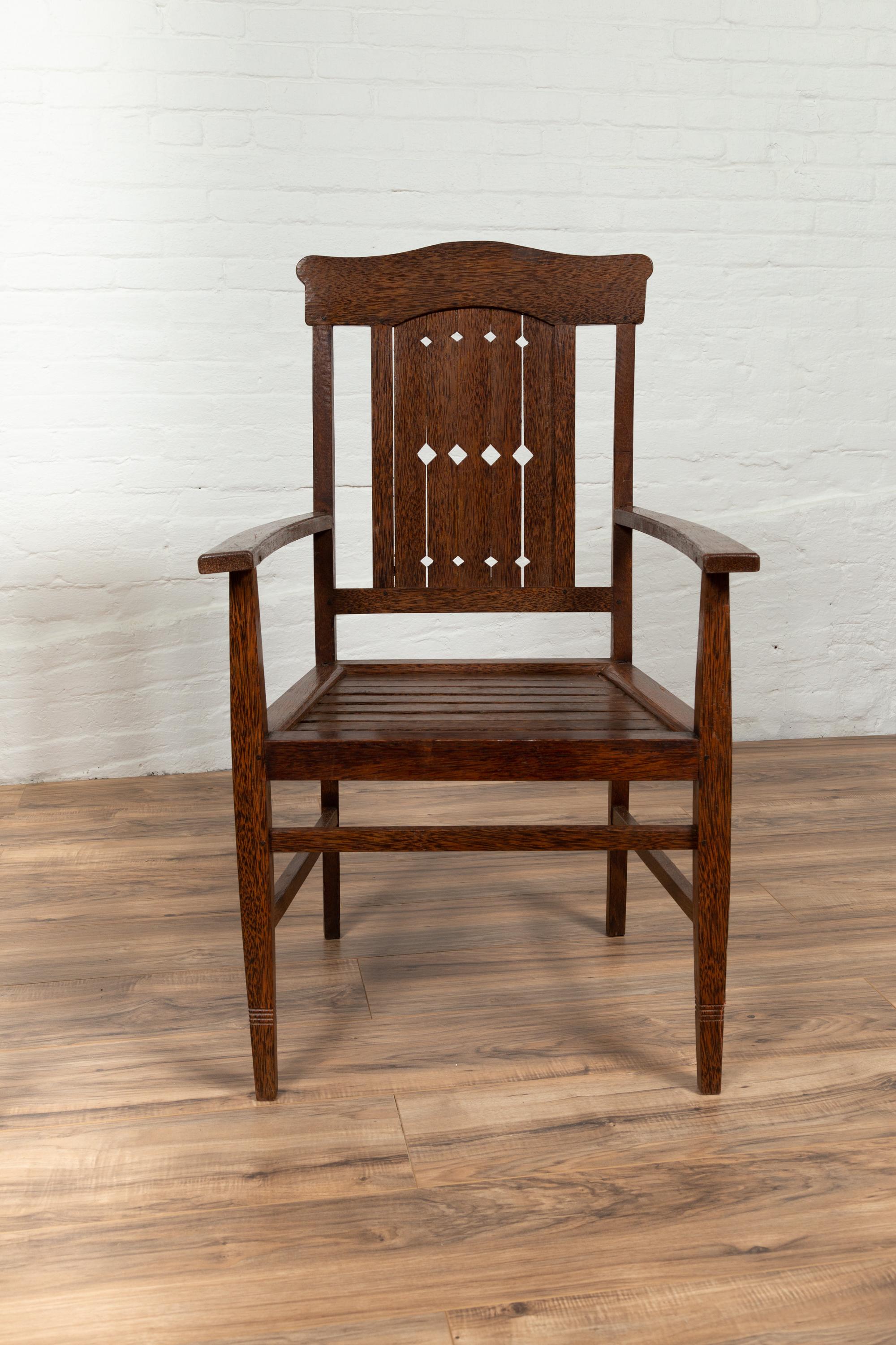 Vintage Dutch Colonial Armchair with Pierced Wooden Slats and Bonnet-Style Rail For Sale 3