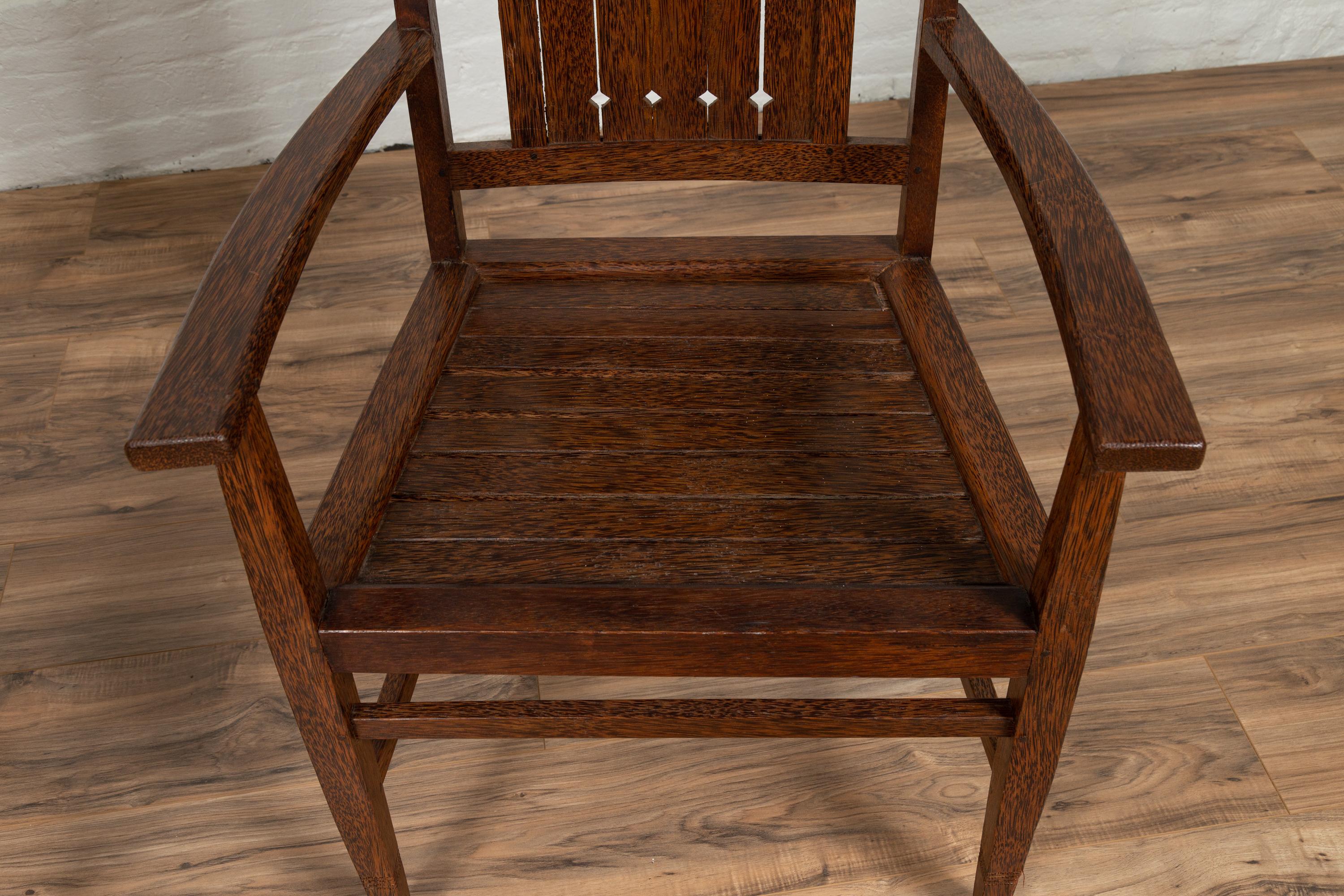 Vintage Dutch Colonial Armchair with Pierced Wooden Slats and Bonnet-Style Rail For Sale 4