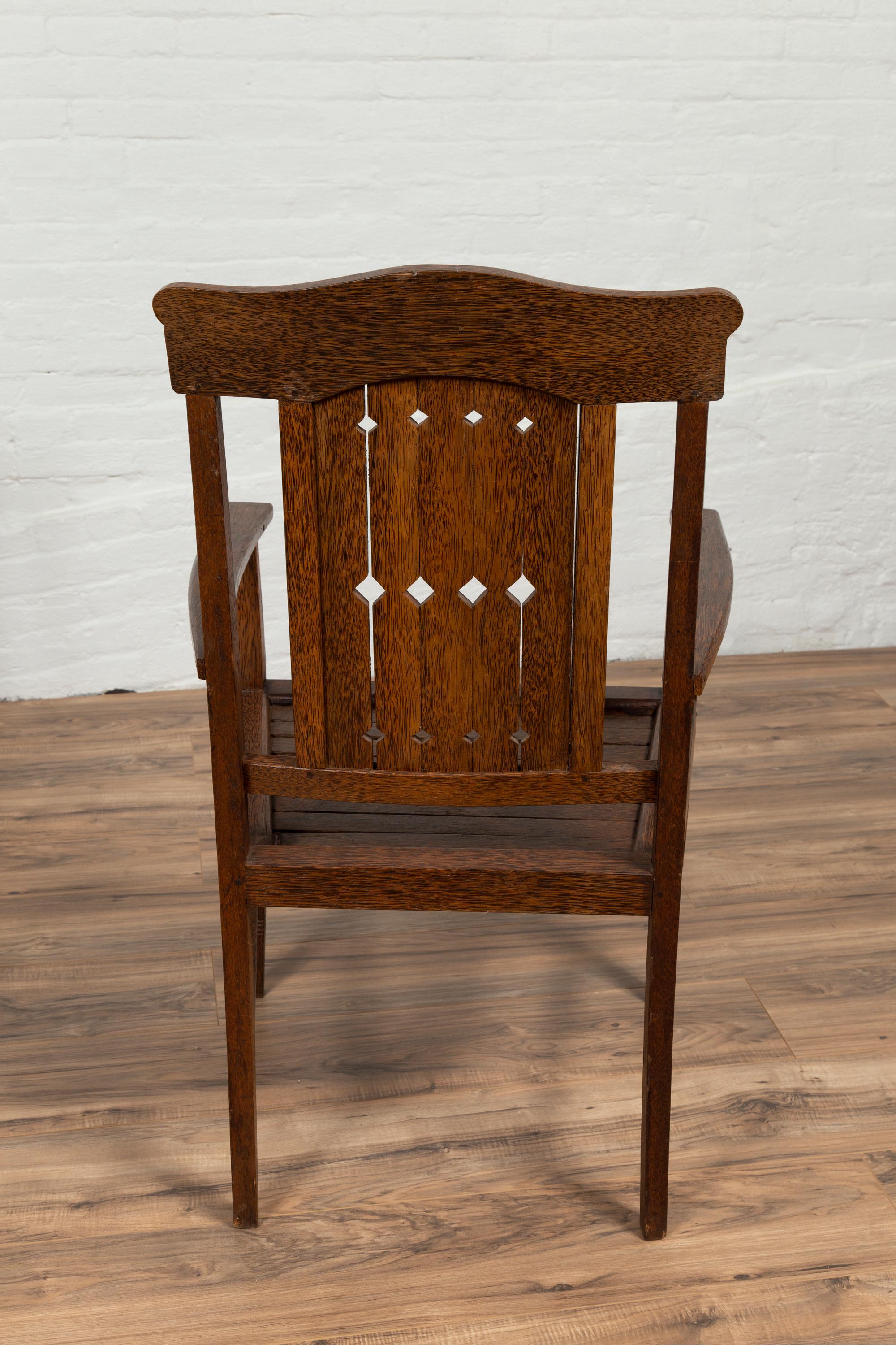 Vintage Dutch Colonial Armchair with Pierced Wooden Slats and Bonnet-Style Rail For Sale 7