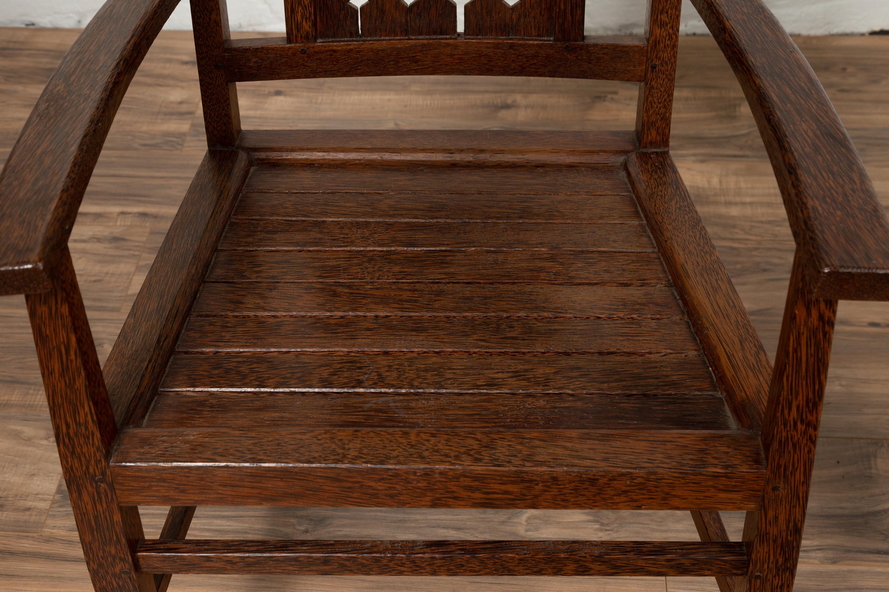 Vintage Dutch Colonial Armchair with Pierced Wooden Slats and Bonnet-Style Rail For Sale 2