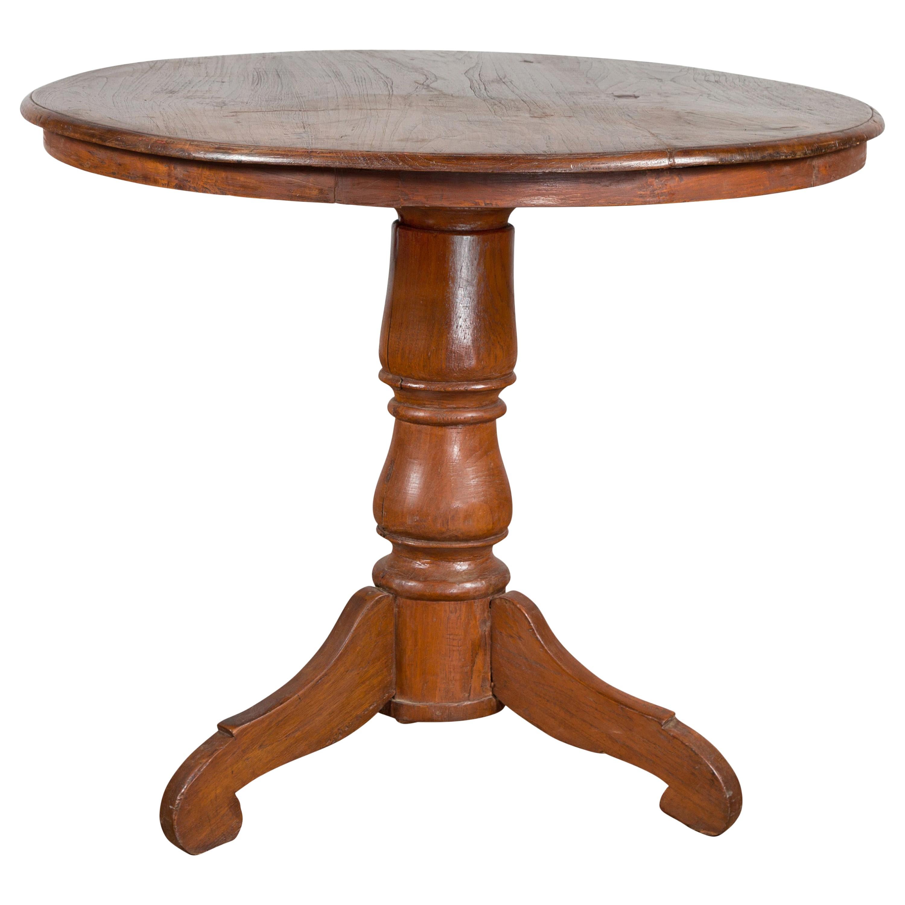 Vintage Dutch Colonial Indonesian Round Top Pedestal Table with Tripod Base