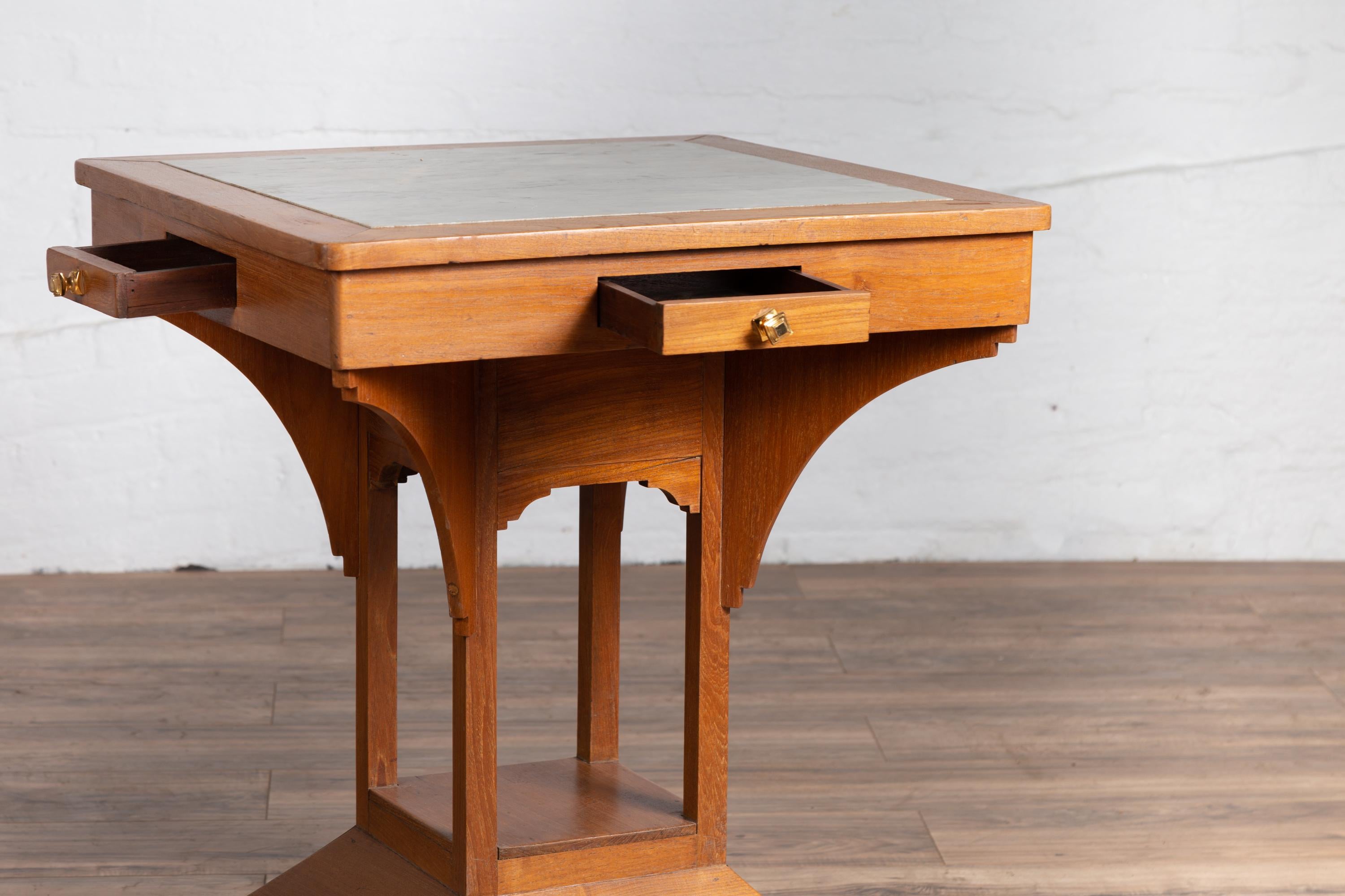 Vintage Dutch Colonial Indonesian Square Center Table with Marble Inset For Sale 5