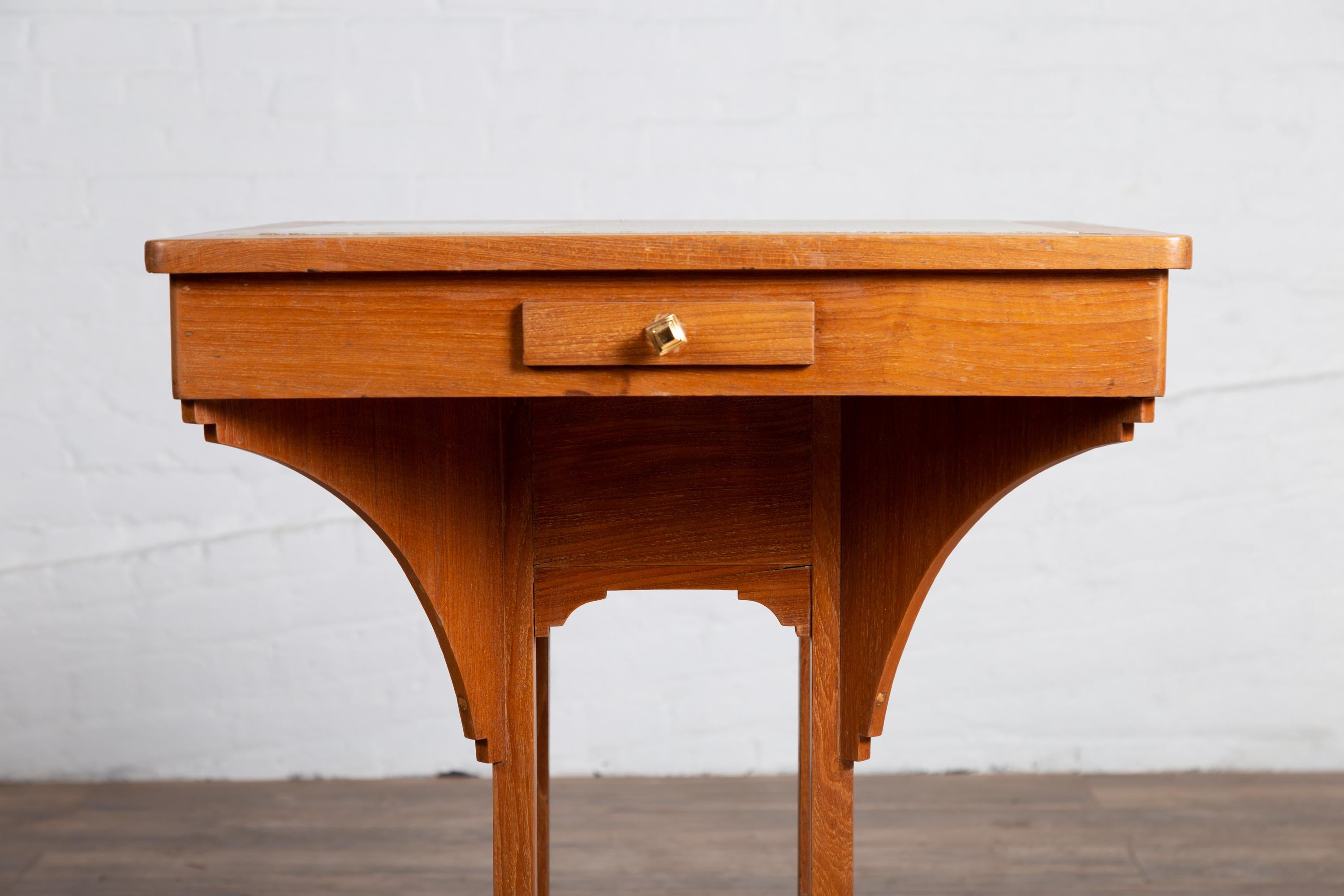 20th Century Vintage Dutch Colonial Indonesian Square Center Table with Marble Inset For Sale