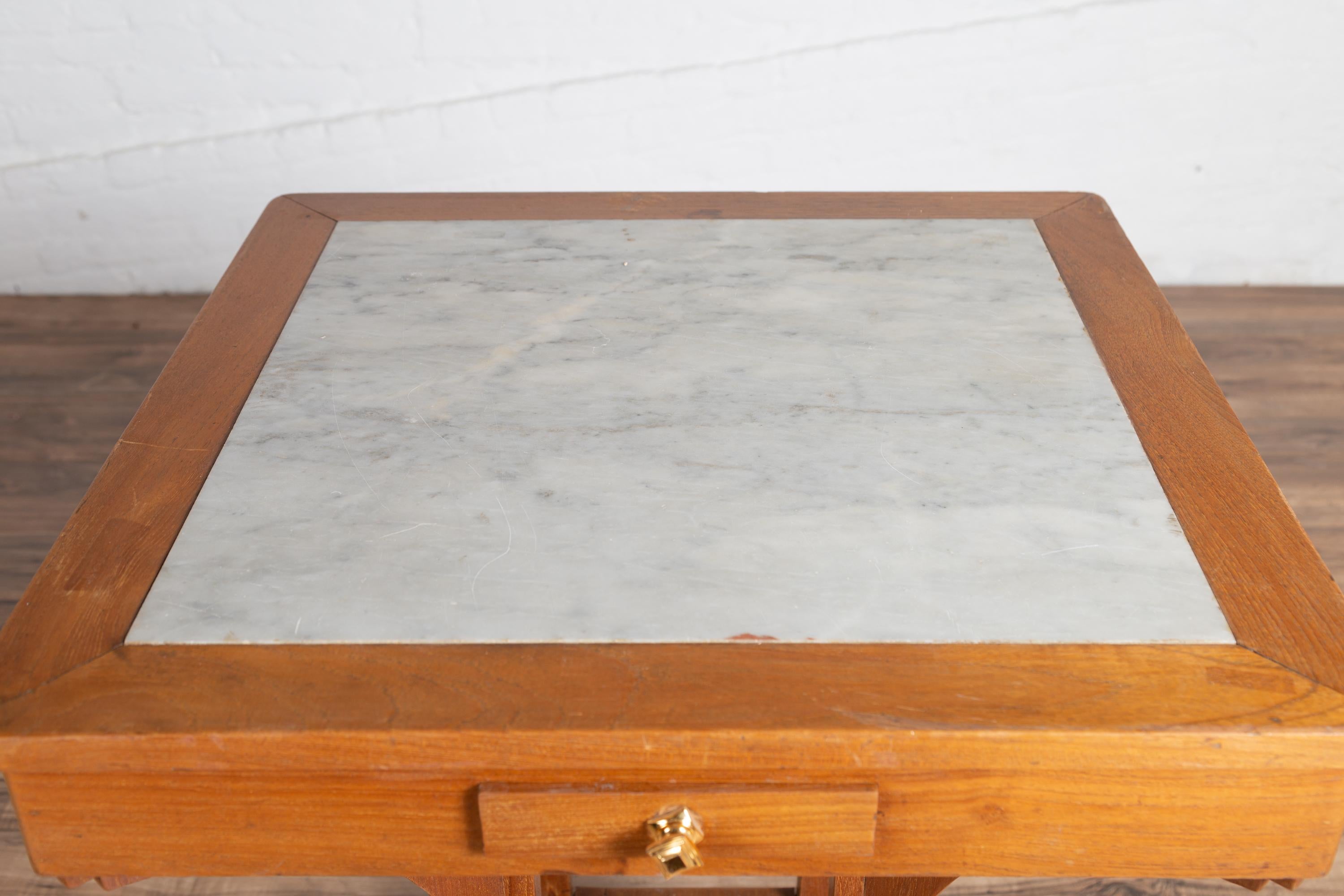 Vintage Dutch Colonial Indonesian Square Center Table with Marble Inset For Sale 3