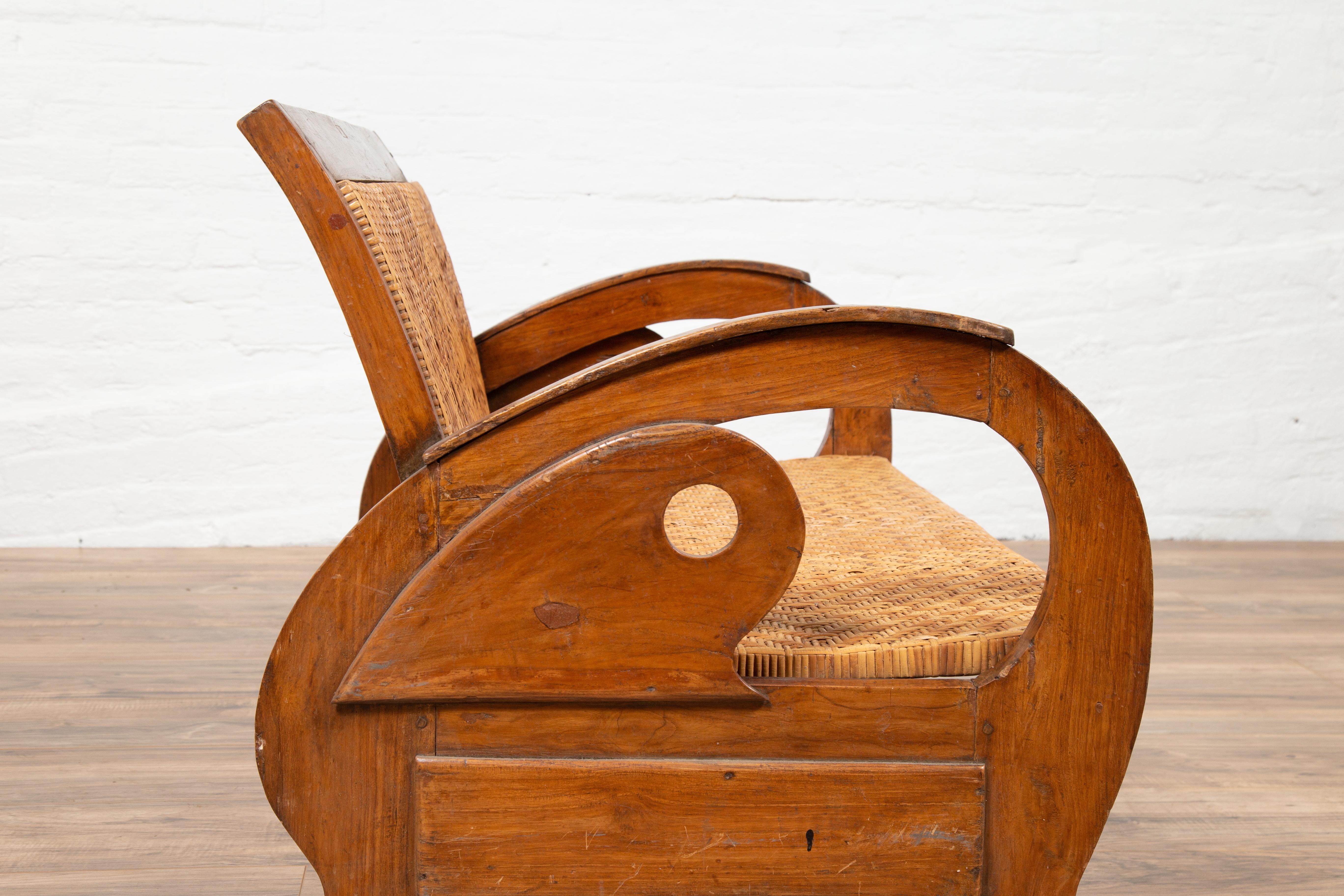 Vintage Dutch Colonial Midcentury Teak Wood and Rattan Settee with Looping Arms 1