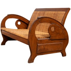 Vintage Dutch Colonial Midcentury Teak Wood and Rattan Settee with Looping Arms