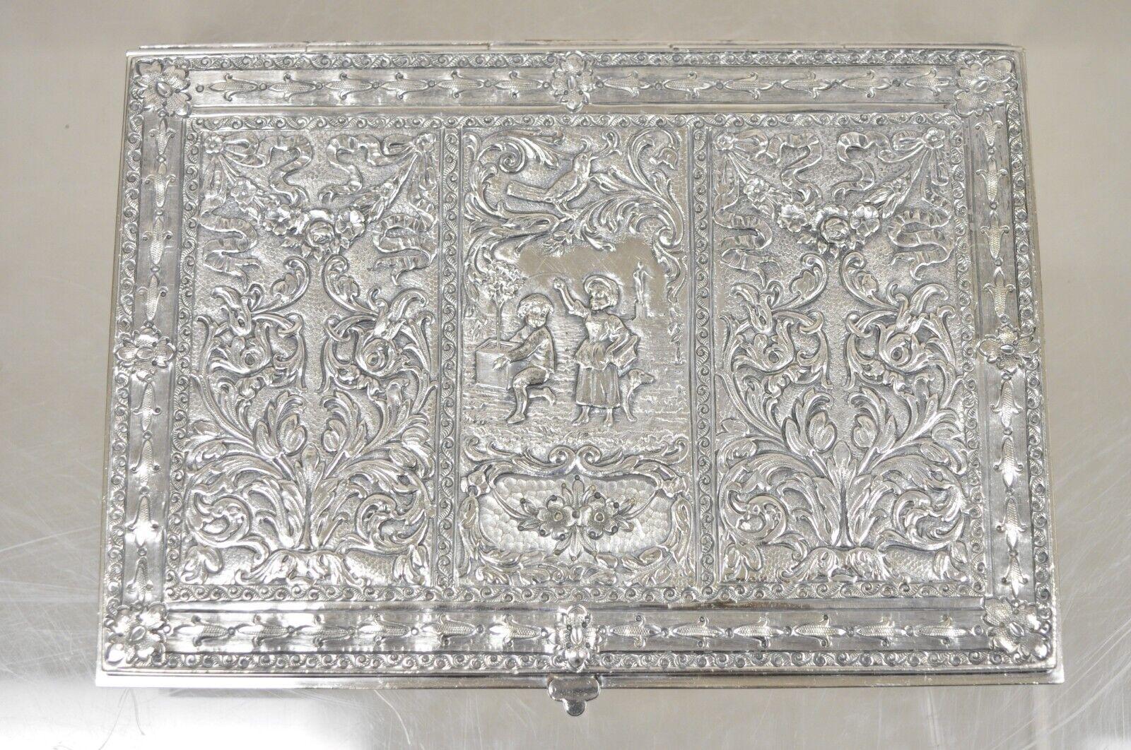 Vintage Dutch Country French Baroque Style Silver Plated Figural Jewelry Box. Circa Early 1900s. Measurements:  1.5