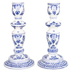 Vintage Dutch Delft Faience Floral Candlesticks - a Pair