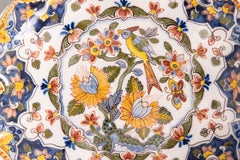 Vintage Dutch Delft Faience Polychrome Octagonal Floral Bird Wall Plate, c. 1940