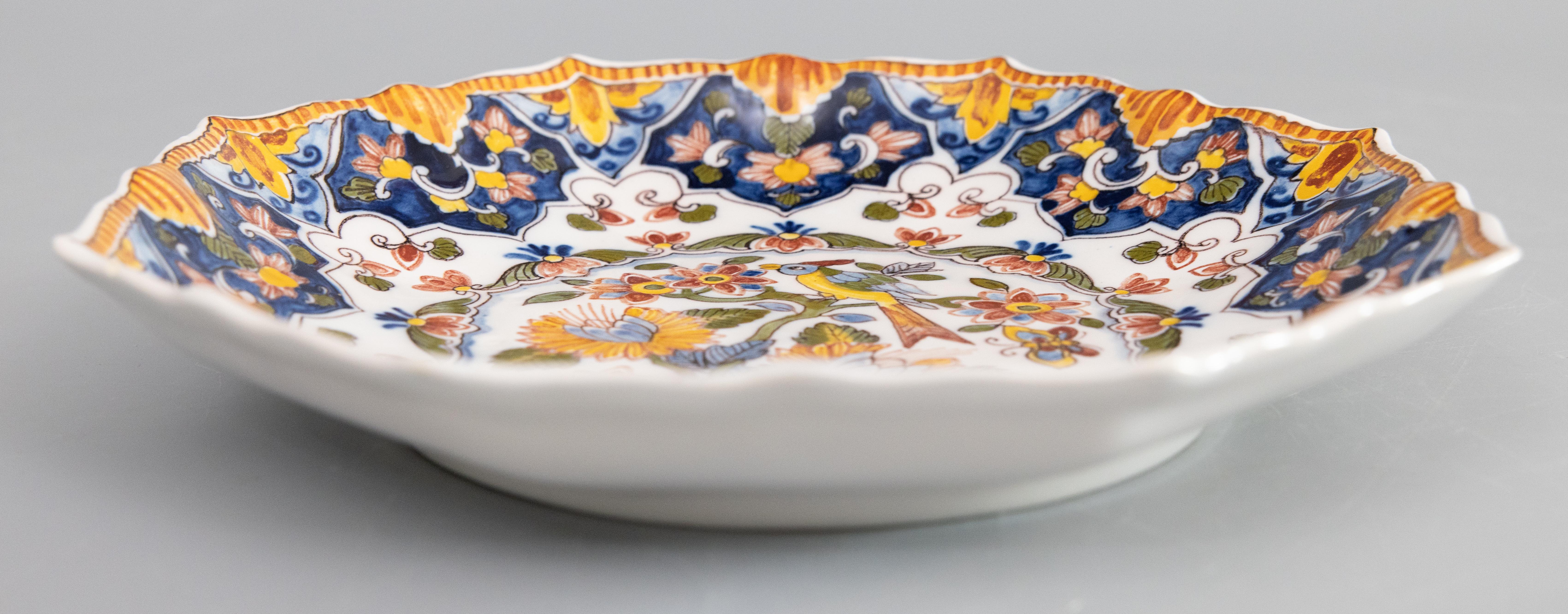 Hand-Painted Vintage Dutch Delft Faience Polychrome Octagonal Floral Bird Wall Plate, c. 1940 For Sale