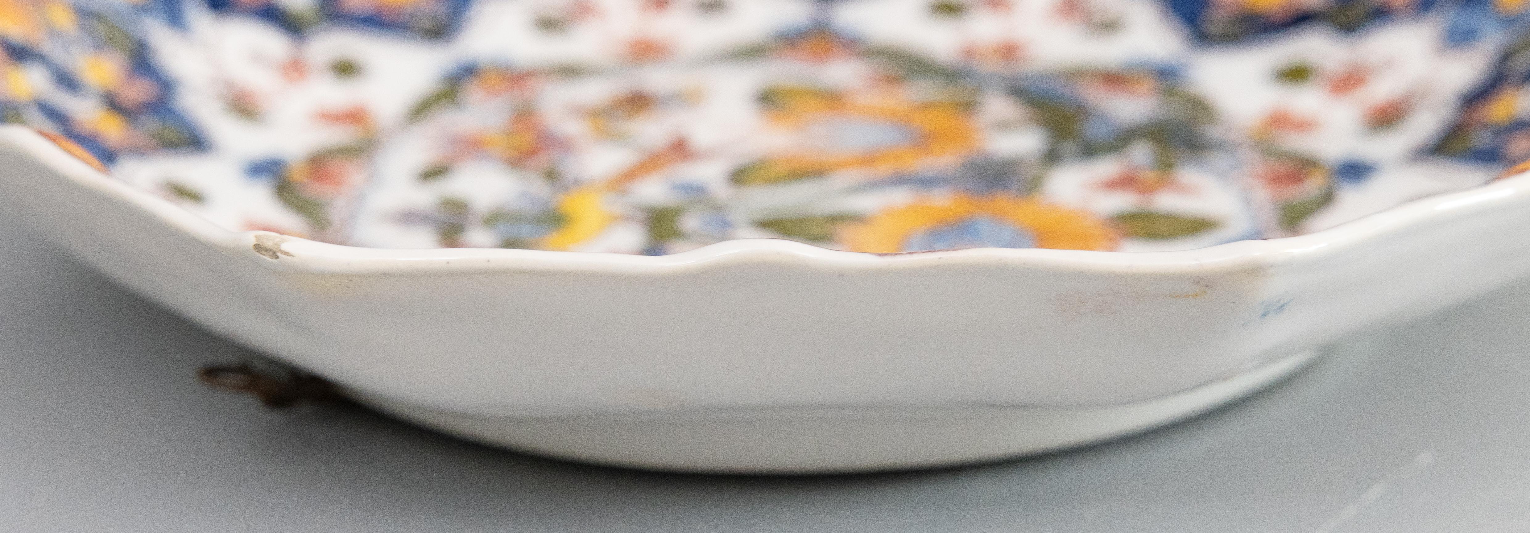 Mid-20th Century Vintage Dutch Delft Faience Polychrome Octagonal Floral Bird Wall Plate, c. 1940 For Sale