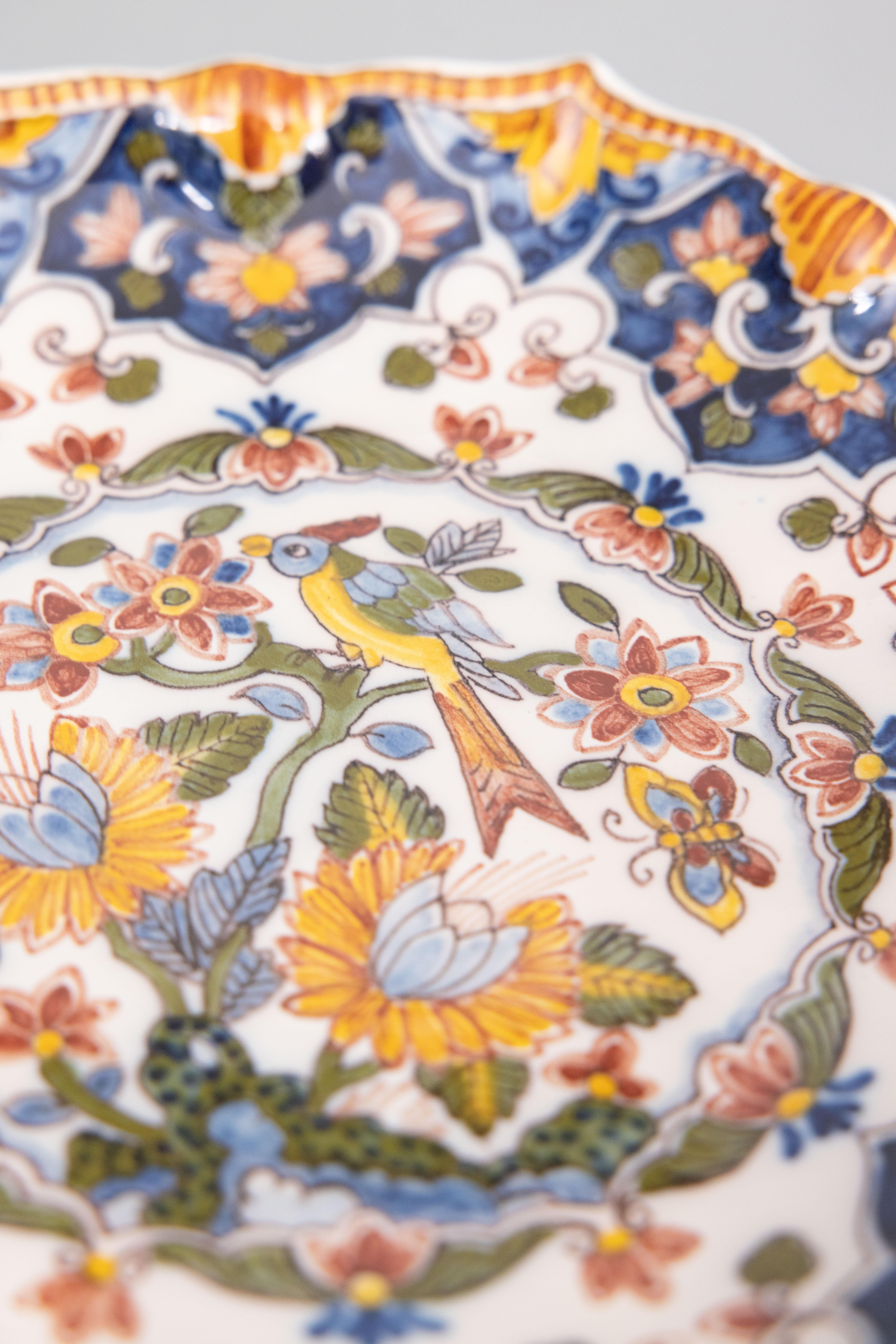 Ceramic Vintage Dutch Delft Faience Polychrome Octagonal Floral Bird Wall Plate, c. 1940 For Sale