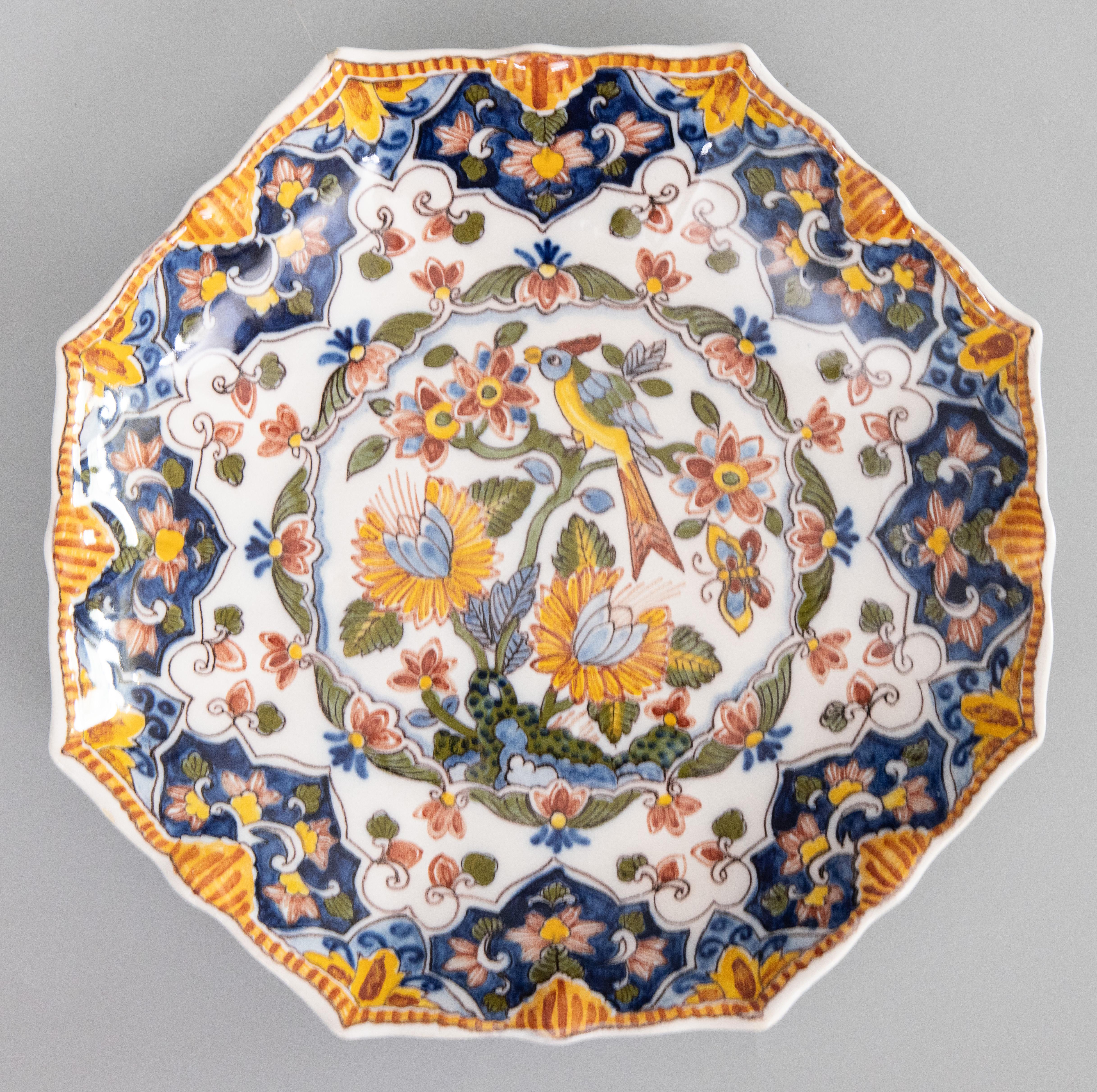 Vintage Dutch Delft Faience Polychrome Octagonal Floral Bird Wall Plate, c. 1940 For Sale 2
