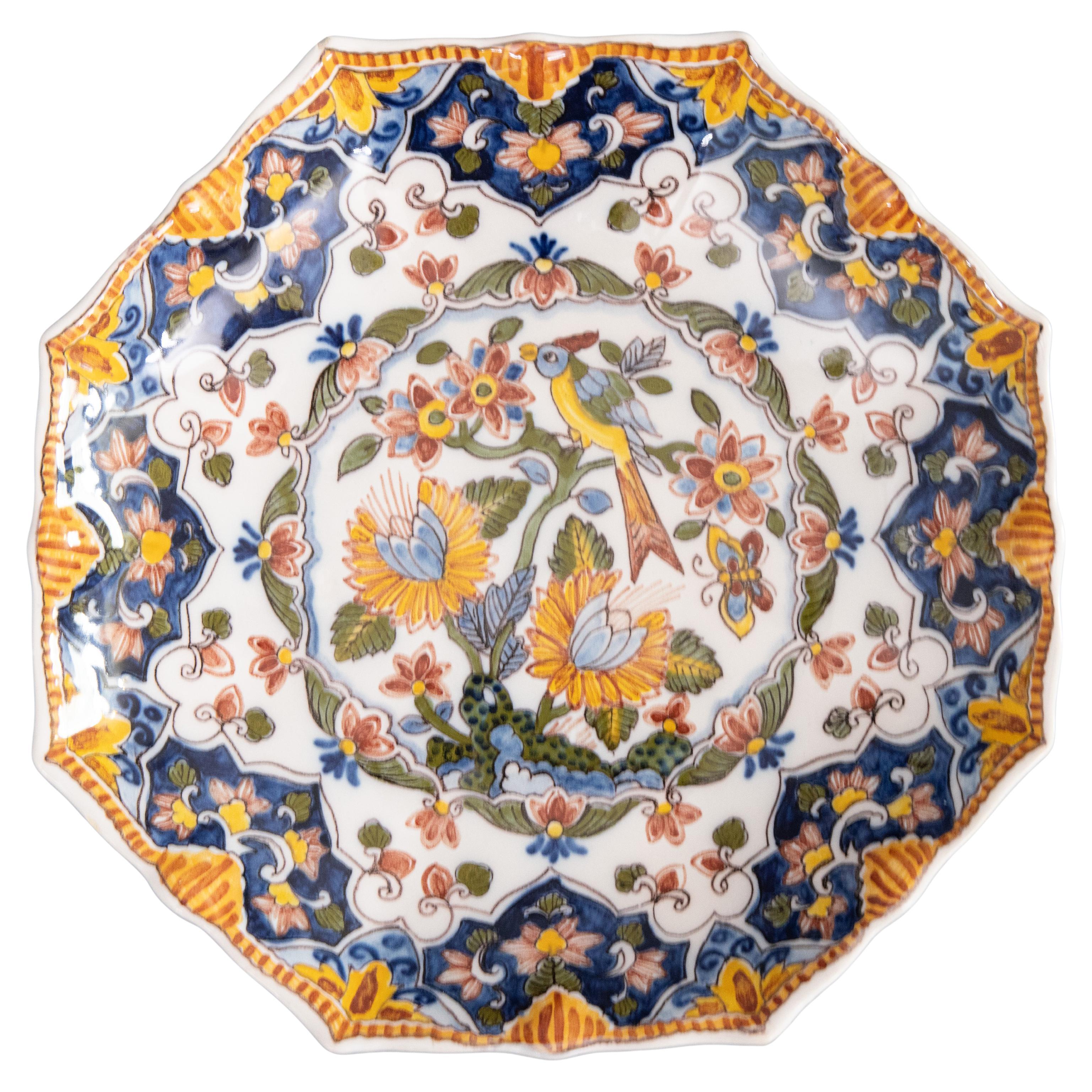 Vintage Dutch Delft Faience Polychrome Octagonal Floral Bird Wall Plate, c. 1940 For Sale